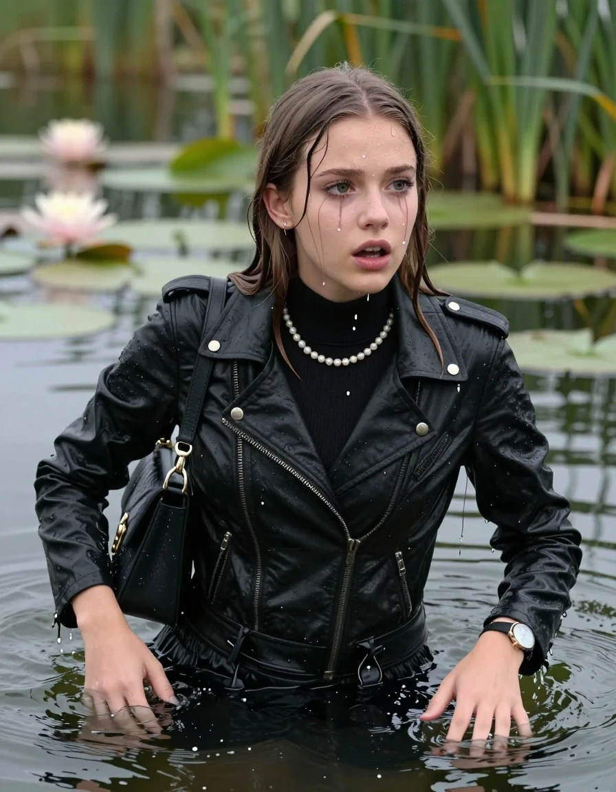 photo of young woman, in soaking wet, drenched clothes,
, , Black Biker leatherjacket, tight knit turtleneck sweater belly free, shoulderbag, pearl necklace, bracelet, wristwatch, drowning in a lake with water lilies and reeds, 
enjoying, wet clothes stuck to body,
detailed textures of the wet clothes, wet face, wet plastered hair,
wet, drenched, professional, high-quality details, full body view.
sharp focus, ultra-high pixel detail, realistic, high-quality, full colors, incredibly detailed, 4k, 8k, 16k, hyper-realistic, RAW photo, masterpiece, ultra-detailed, professionally color graded, professional photograph, sleek long straight hair

15 years old  teenage girls

Only head and shoulders are over the surface visible. Open mouth, big eyes. Eyeliner is running down the cheeks. leaning her breast on the surface and tries to swim.

The girls wear different clothes.

she is completely underwater up to her neck, afraid and astonished expression. 

her clothing is soaking wet and clinging tightly to her skin, showing heavy wet folds, darkened fabric texture, and deep water-saturated Patches, her clothes are heavy from the water, water runs from her body and her clothes in streams. A lot of water also runs out of her clothes. Her clothes are darkened by the water. Her submerged clothes are good visible under the water.  she soaked her handbag into the water.

close up view, wet skin, wet clothes, wet hair, damp fabric, water runs down the clothes, wet skin, wet clothes, damp fabric. cinematic medium shot, hyper-realistic wetness, high-contrast water sheen, sharp focus, 16k resolution, professional photography, realistic water physics., wet skin, wet clothes, damp fabric, wet skin, wet clothes, damp fabric, wet skin, wet clothes, damp fabric