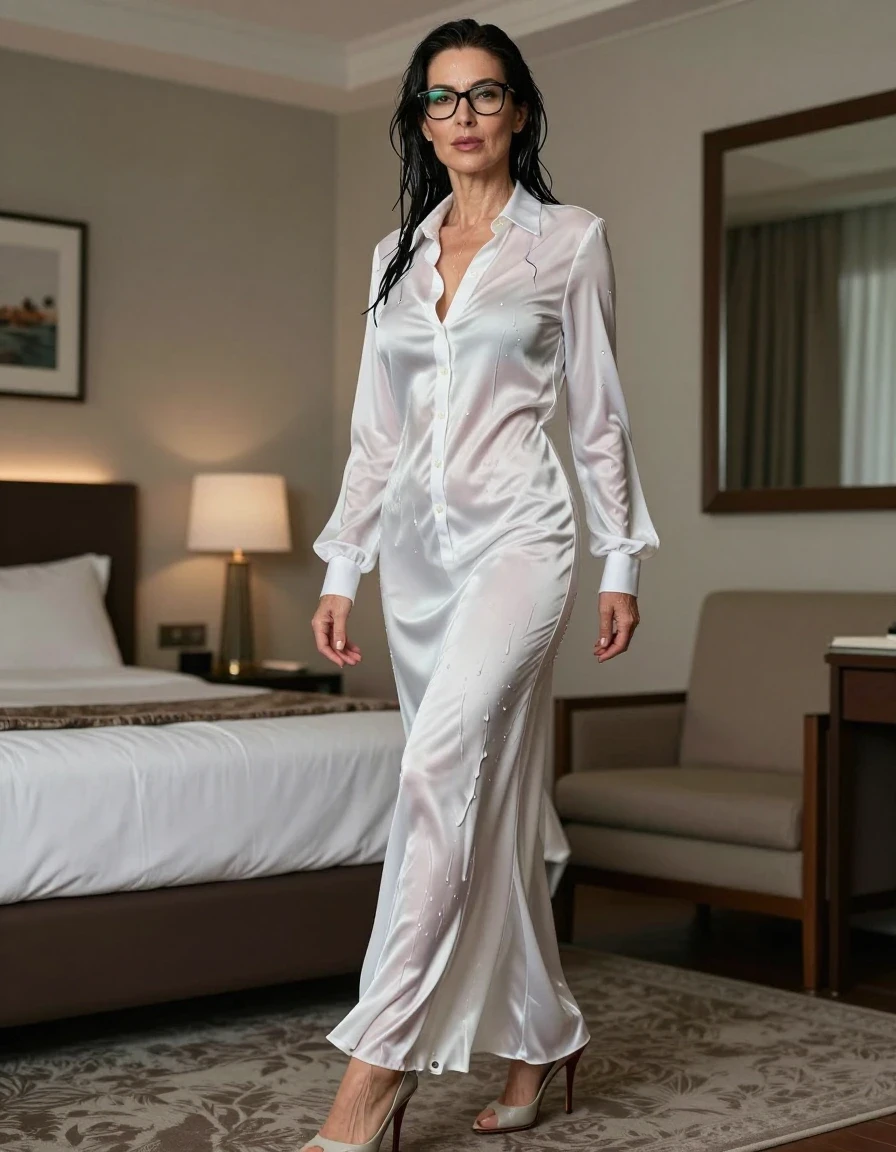 photo of young woman, in soaking wet, drenched clothes,
stilletto shoes, maxi white flared silk satin shirt dress, maxi white flared silk satin shirt dress, after swim in hotel room, enjoying wet clothes stuck body, enjoying, wet clothes stuck to body, 
enjoying, wet clothes stuck to body,
detailed textures of the wet clothes, wet face, wet plastered hair,
wet, drenched, professional, high-quality details, full body view.
sharp focus, ultra-high pixel detail, realistic, high-quality, full colors, incredibly detailed, 4k, 8k, 16k, hyper-realistic, RAW photo, masterpiece, ultra-detailed, professionally color graded, professional photograph, europen brunette skinny woman 50 years old, long dark black hair, very big and thick lips,  office glasses, complete body, wet skin, wet clothes, damp fabric, wet skin, wet clothes, damp fabric, wet skin, wet clothes, damp fabric, wet skin, wet clothes, damp fabric, wet skin, wet clothes, damp fabric, wet skin, wet clothes, damp fabric, wet skin, wet clothes, damp fabric