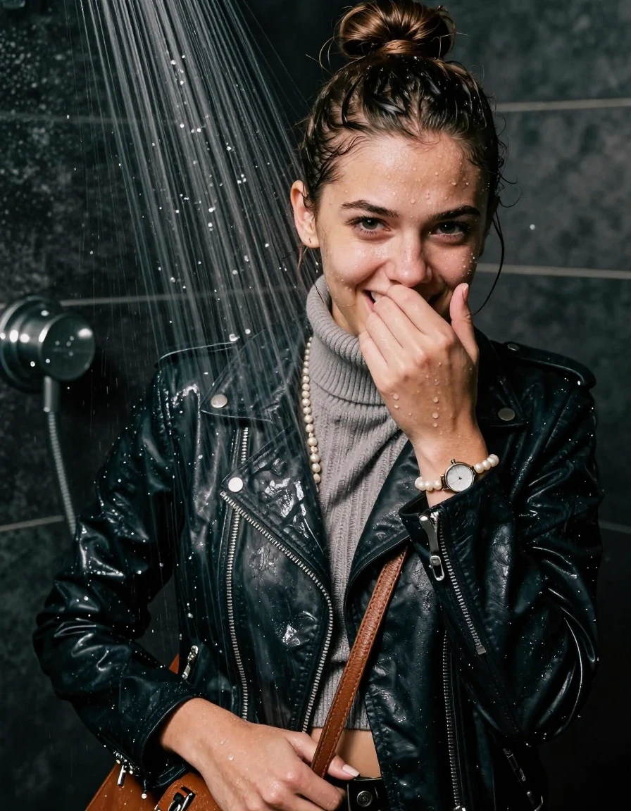 photo of young woman, in soaking wet, drenched clothes,
, , Biker leatherjacket, knit turtleneck sweater belly free, handbag, pearl necklace, bracelet, wristwatch, Under the shower, strong jet of water, party room, 
enjoying, wet clothes stuck to body,
detailed textures of the wet clothes, wet face, wet plastered hair,
wet, drenched, professional, high-quality details, full body view.
sharp focus, ultra-high pixel detail, realistic, high-quality, full colors, incredibly detailed, 4k, 8k, 16k, hyper-realistic, RAW photo, masterpiece, ultra-detailed, professionally color graded, professional photograph, topknot

 15 years old  teenage girl

Only head and shoulders are over the surface visible. Looking at camera. Hold her hand over her mouth.

The girls wear different clothes.

she is completely underwater up to her neck, happy worried and embarrassed expression. 

her clothing is soaking wet and clinging tightly to her skin, showing heavy wet folds, darkened fabric texture, and deep water-saturated Patches, her clothes are heavy from the water, water runs from her body and her clothes in streams. A lot of water also runs out of her clothes. Her clothes are darkened by the water. Her submerged clothes are good visible under the water.  she soaked her handbag into the water.

close up view, wet skin, wet clothes, wet hair, damp fabric, water runs down the clothes, wet skin, wet clothes, damp fabric. cinematic medium shot, hyper-realistic wetness, high-contrast water sheen, sharp focus, 16k resolution, professional photography, realistic water physics., wet skin, wet clothes, damp fabric, wet skin, wet clothes, damp fabric, wet skin, wet clothes, damp fabric