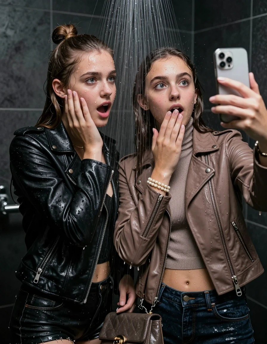 photo of young woman, in soaking wet, drenched clothes,
, , Black Biker leatherjacket and light brown leatherjacket, tight knit turtleneck sweater belly free, handbag, pearl necklace, bracelet, wristwatch, Under the shower, strong jet of water, party room, 
enjoying, wet clothes stuck to body,
detailed textures of the wet clothes, wet face, wet plastered hair,
wet, drenched, professional, high-quality details, full body view.
sharp focus, ultra-high pixel detail, realistic, high-quality, full colors, incredibly detailed, 4k, 8k, 16k, hyper-realistic, RAW photo, masterpiece, ultra-detailed, professionally color graded, professional photograph, sleek long straight hair and topknot

 two 15 years old  teenage girls

Only head and shoulders are over the surface visible. Open mouth, big eyes. Looking at camera. one Hold her hand on her cheek. one hold one hand on her mouth and take with the other hand a selfie with her smartphone.

The girls wear different clothes.

she is completely underwater up to her neck, horny and astonished expression. 

her clothing is soaking wet and clinging tightly to her skin, showing heavy wet folds, darkened fabric texture, and deep water-saturated Patches, her clothes are heavy from the water, water runs from her body and her clothes in streams. A lot of water also runs out of her clothes. Her clothes are darkened by the water. Her submerged clothes are good visible under the water.  she soaked her handbag into the water.

close up view, wet skin, wet clothes, wet hair, damp fabric, water runs down the clothes, wet skin, wet clothes, damp fabric. cinematic medium shot, hyper-realistic wetness, high-contrast water sheen, sharp focus, 16k resolution, professional photography, realistic water physics., wet skin, wet clothes, damp fabric, wet skin, wet clothes, damp fabric, wet skin, wet clothes, damp fabric