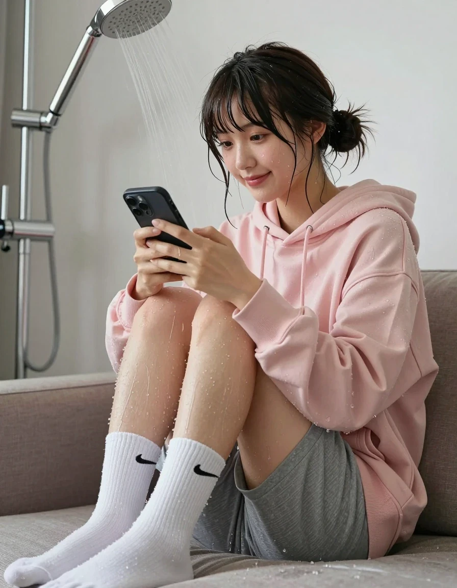 photo of young woman, in soaking wet, drenched clothes,
soaked white nike crew socks dripping wet, soaking wet gray sweatpants dripping wet, loose pastel pink oversized hoodie, At the living room with shower head above, 
enjoying, wet clothes stuck to body,
detailed textures of the wet clothes, wet face, wet plastered hair,
wet, drenched, professional, high-quality details, full body view.
sharp focus, ultra-high pixel detail, realistic, high-quality, full colors, incredibly detailed, 4k, 8k, 16k, hyper-realistic, RAW photo, masterpiece, ultra-detailed, professionally color graded, professional photograph, Young Chinese woman with light skin, dark brown hair with twintails and blunt hair bangs, styled in space buns with blunt-cut bangs and dark eyes, Her expression is nonchalant, a small smile on her lips, She is seated figure four at the couch, the showerhead is showering her hair and clothes from above, she is holding and looking at her phone, wet skin, wet clothes, damp fabric. From below view, Full body shot, Low angle., wet skin, wet clothes, damp fabric