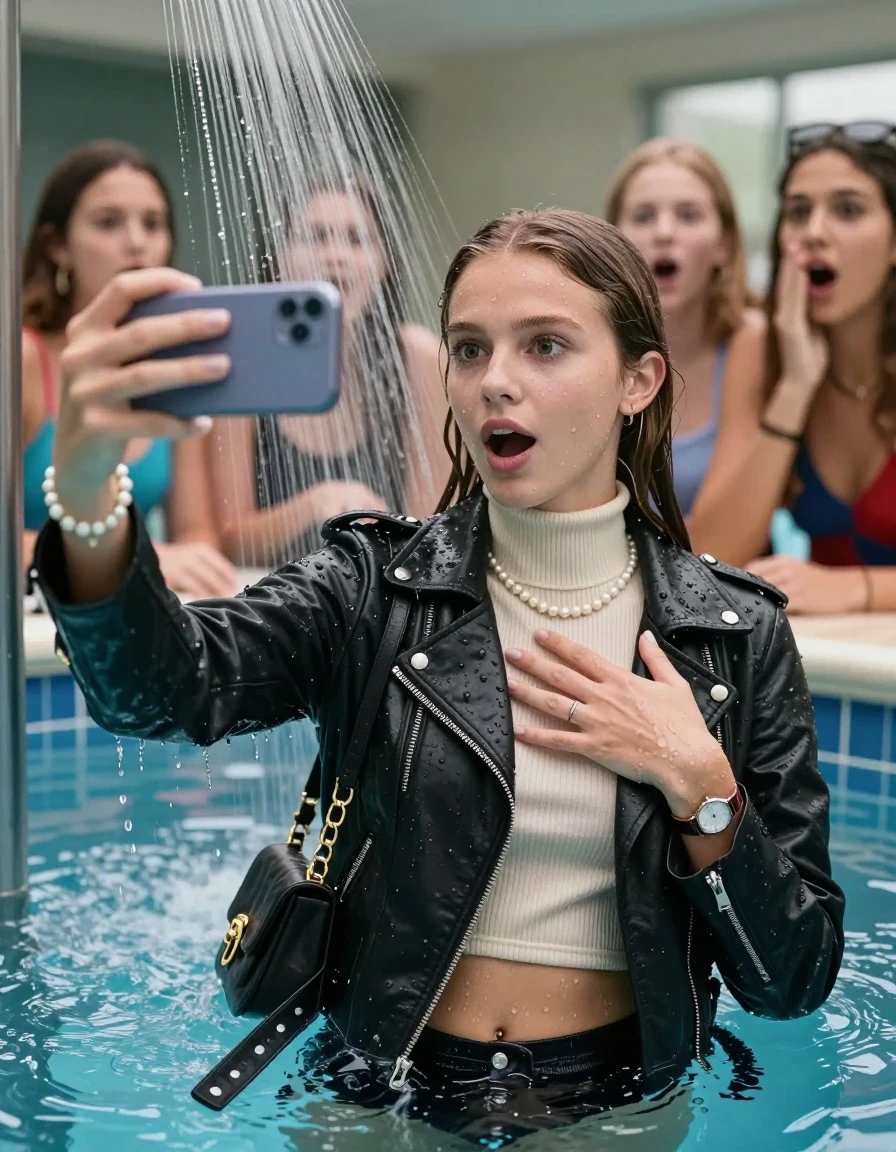 photo of young woman, in soaking wet, drenched clothes,
, , Biker leatherjacket, Tight knit turtleneck sweater belly free, handbag, pearl necklace, bracelet, wristwatch, Under the pool shower, strong jet of water, indoor swimming pool, pool party, her different clothed friends watching her shocked from the edge, 
enjoying, wet clothes stuck to body,
detailed textures of the wet clothes, wet face, wet plastered hair,
wet, drenched, professional, high-quality details, full body view.
sharp focus, ultra-high pixel detail, realistic, high-quality, full colors, incredibly detailed, 4k, 8k, 16k, hyper-realistic, RAW photo, masterpiece, ultra-detailed, professionally color graded, professional photograph, sleek long straight hair

Two 15 years old  teenage girl

Only head and shoulders are over the surface visible. Open mouth, big eyes. Looking at camera. Hold her hand in front of her chest. take a selfie with her smartphone.

The girls wear different clothes.

she is completely underwater up to her neck, surprised and astonished expression. 

her submerged clothes are hardly vusible under water, she soaked her handbag into the water

close up view, wet skin, wet clothes, wet hair, damp fabric, water runs down the clothes, wet skin, wet clothes, damp fabric., wet skin, wet clothes, damp fabric, wet skin, wet clothes, damp fabric, wet skin, wet clothes, damp fabric, wet skin, wet clothes, damp fabric, wet skin, wet clothes, damp fabric, wet skin, wet clothes, damp fabric, wet skin, wet clothes, damp fabric, wet skin, wet clothes, damp fabric, wet skin, wet clothes, damp fabric