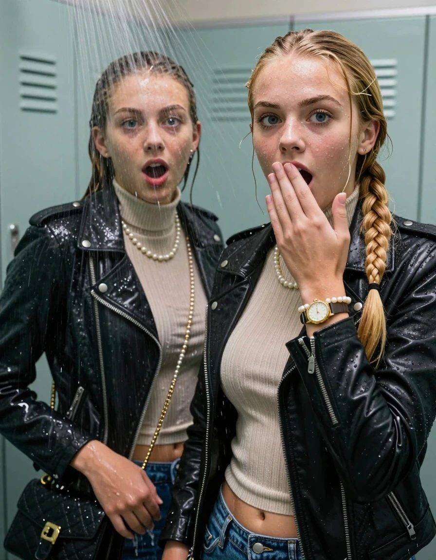 photo of young woman, in soaking wet, drenched clothes,
, , Biker leatherjacket, Tight knit turtleneck sweater belly free, handbag, pearl necklace, bracelet, wristwatch, Under the shower, strong jet of water, lokker room, 
enjoying, wet clothes stuck to body,
detailed textures of the wet clothes, wet face, wet plastered hair,
wet, drenched, professional, high-quality details, full body view.
sharp focus, ultra-high pixel detail, realistic, high-quality, full colors, incredibly detailed, 4k, 8k, 16k, hyper-realistic, RAW photo, masterpiece, ultra-detailed, professionally color graded, professional photograph, blonde sleek long twisted ponytail

Two 15 years old  teenage girl

Only head and shoulders are over the surface visible. Open mouth, big eyes. Looking at camera. Hold her hand in front of her mouth.

The girls wear different clothes.

she is completely underwater up to her neck, surprised and astonished expression. 

her submerged clothes are hardly vusible under water, she soaked her handbag into the water

close up view, wet skin, wet clothes, wet hair, damp fabric, water runs down the clothes, wet skin, wet clothes, damp fabric., wet skin, wet clothes, damp fabric, wet skin, wet clothes, damp fabric, wet skin, wet clothes, damp fabric, wet skin, wet clothes, damp fabric, wet skin, wet clothes, damp fabric, wet skin, wet clothes, damp fabric, wet skin, wet clothes, damp fabric, wet skin, wet clothes, damp fabric, wet skin, wet clothes, damp fabric