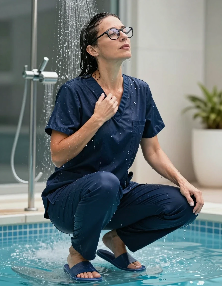 photo of young woman, in soaking wet, drenched clothes,
slippers, dark blue scrubs, dark blue scrubs, under the shower after bath in pool, enjoying wet clothes stuck body, enjoying, wet clothes stuck to body, 
enjoying, wet clothes stuck to body,
detailed textures of the wet clothes, wet face, wet plastered hair,
wet, drenched, professional, high-quality details, full body view.
sharp focus, ultra-high pixel detail, realistic, high-quality, full colors, incredibly detailed, 4k, 8k, 16k, hyper-realistic, RAW photo, masterpiece, ultra-detailed, professionally color graded, professional photograph, europen brunette skinny woman 50 years old, long dark black hair, very big and thick lips,  office glasses, complete body, wet skin, wet clothes, damp fabric, wet skin, wet clothes, damp fabric, wet skin, wet clothes, damp fabric, wet skin, wet clothes, damp fabric, wet skin, wet clothes, damp fabric, wet skin, wet clothes, damp fabric, wet skin, wet clothes, damp fabric