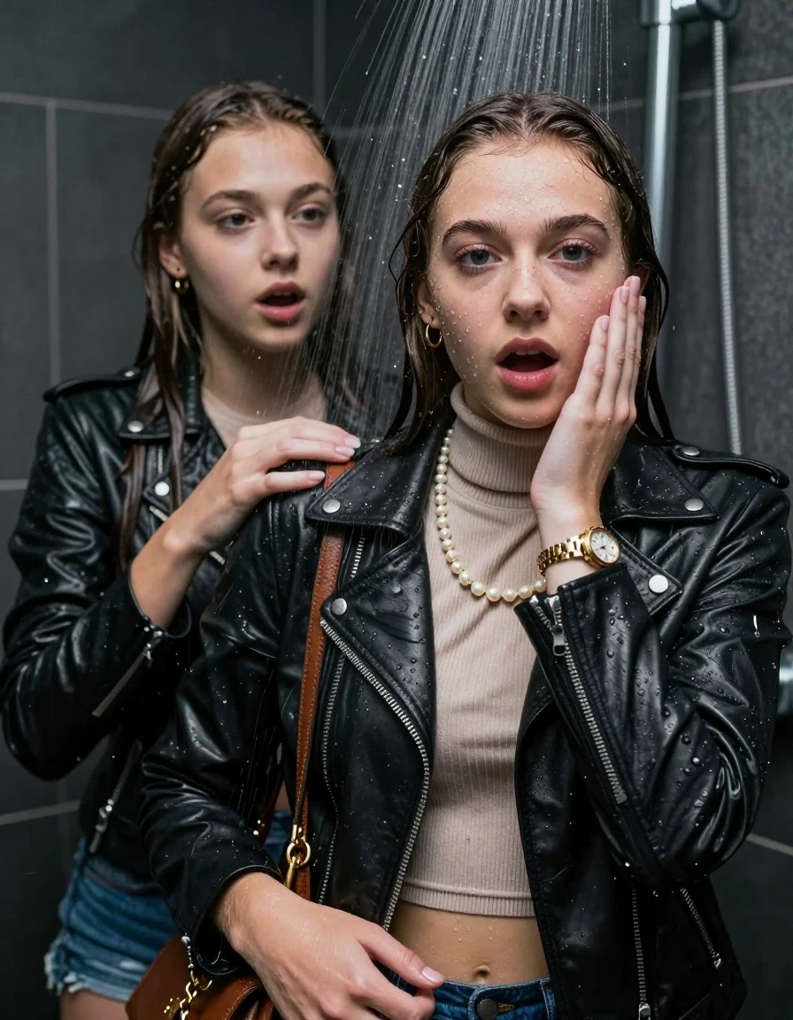 photo of young woman, in soaking wet, drenched clothes,
, , Biker leatherjacket, Tight knit turtleneck sweater belly free, handbag, pearl necklace, bracelet, wristwatch, Under the shower, strong jet of water, party room, 
enjoying, wet clothes stuck to body,
detailed textures of the wet clothes, wet face, wet plastered hair,
wet, drenched, professional, high-quality details, full body view.
sharp focus, ultra-high pixel detail, realistic, high-quality, full colors, incredibly detailed, 4k, 8k, 16k, hyper-realistic, RAW photo, masterpiece, ultra-detailed, professionally color graded, professional photograph, sleek long straight hair

Two 15 years old  teenage girl

Only head and shoulders are over the surface visible. Open mouth, big eyes. Looking at camera. Hold her hand in front of her cheek.

The girls wear different clothes.

she is completely underwater up to her neck, surprised and astonished expression. 

her submerged clothes are hardly vusible under water, she soaked her handbag into the water

close up view, wet skin, wet clothes, wet hair, damp fabric, water runs down the clothes, wet skin, wet clothes, damp fabric. Sharp focus, 8k resolution, professional photography, realistic water physics., wet skin, wet clothes, damp fabric