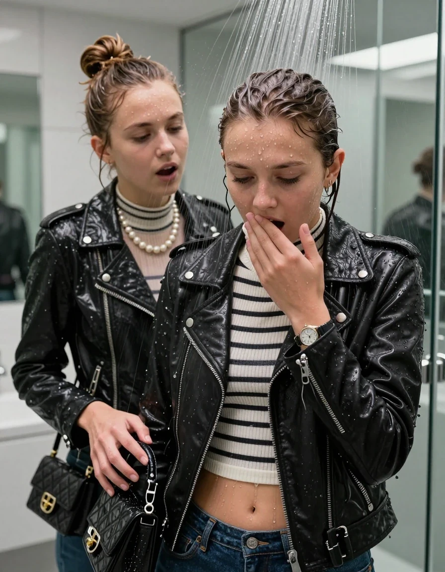 photo of young woman, in soaking wet, drenched clothes,
, , Biker leatherjacket, Tight Striped knit turtleneck sweater belly free, handbag, pearl necklace, bracelet, wristwatch, Under the shower, strong jet of water, modern mirrored bathroom, 
enjoying, wet clothes stuck to body,
detailed textures of the wet clothes, wet face, wet plastered hair,
wet, drenched, professional, high-quality details, full body view.
sharp focus, ultra-high pixel detail, realistic, high-quality, full colors, incredibly detailed, 4k, 8k, 16k, hyper-realistic, RAW photo, masterpiece, ultra-detailed, professionally color graded, professional photograph, Topknot

Two 15 years old  teenage girl

Only head and shoulders are over the surface visible. Open mouth, closed eyes. Looking down. Hold a hand on her mouth.

she is completely underwater up to her neck, afraid and astonished expression. 

her submerged clothes are hardly vusible under water, she soaked her handbag into the water

close up view, wet skin, wet clothes, wet hair, damp fabric, water runs down the clothes, wet skin, wet clothes, damp fabric., wet skin, wet clothes, damp fabric, wet skin, wet clothes, damp fabric, wet skin, wet clothes, damp fabric, wet skin, wet clothes, damp fabric, wet skin, wet clothes, damp fabric, wet skin, wet clothes, damp fabric, wet skin, wet clothes, damp fabric, wet skin, wet clothes, damp fabric, wet skin, wet clothes, damp fabric