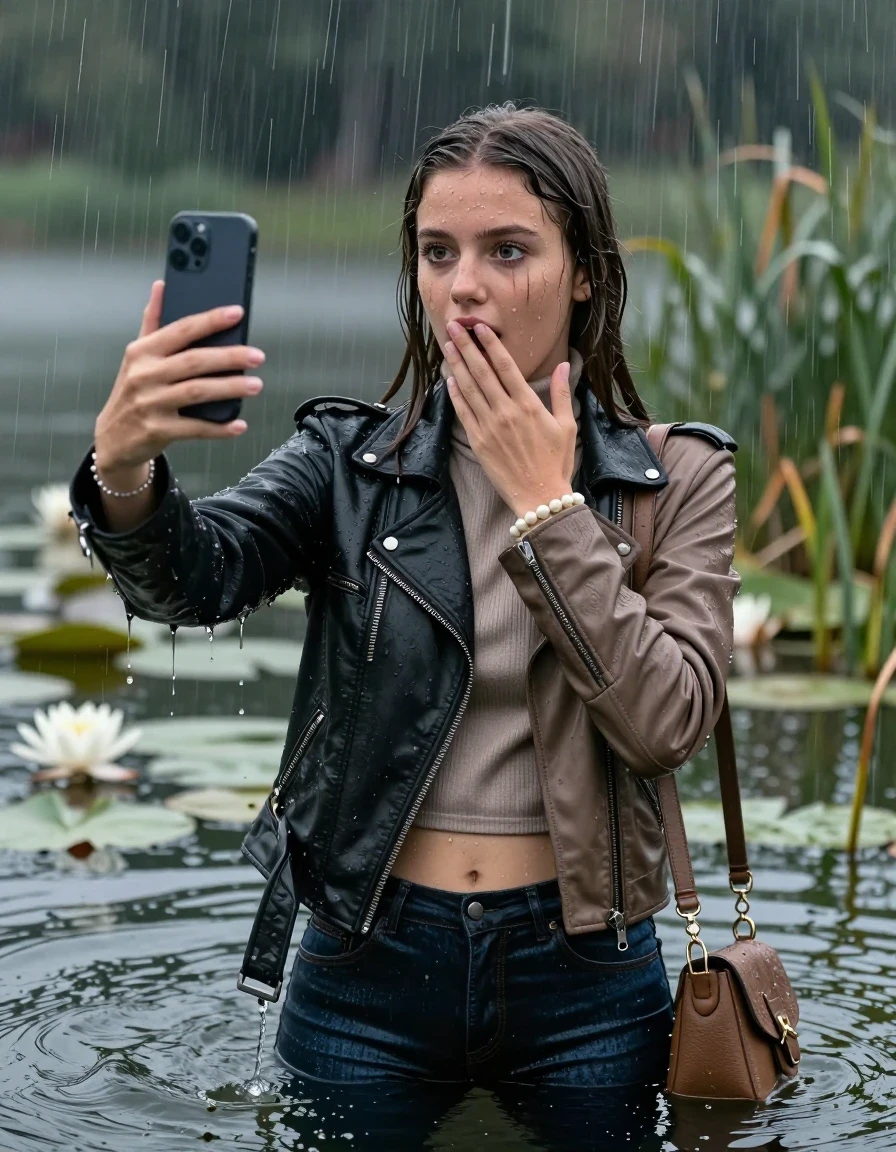 photo of young woman, in soaking wet, drenched clothes,
, skinny jeans, Black Biker leatherjacket and light brown leatherjacket, tight knit turtleneck sweater belly free, handbag, pearl necklace, bracelet, wristwatch, Emerging after diving in a lake with water lilies and reeds, heavy rain falls directely on her heads, 
enjoying, wet clothes stuck to body,
detailed textures of the wet clothes, wet face, wet plastered hair,
wet, drenched, professional, high-quality details, full body view.
sharp focus, ultra-high pixel detail, realistic, high-quality, full colors, incredibly detailed, 4k, 8k, 16k, hyper-realistic, RAW photo, masterpiece, ultra-detailed, professionally color graded, professional photograph, sleek long straight hair

15 years old  teenage girls

Only head and shoulders are over the surface visible. Open mouth, big eyes. Looking at camera. hold one hand on her mouth and take with the other hand a selfie with her smartphone. Eyeliner is running down the cheeks.

The girls wear different clothes.

she is completely underwater up to her neck, horny and astonished expression. 

her clothing is soaking wet and clinging tightly to her skin, showing heavy wet folds, darkened fabric texture, and deep water-saturated Patches, her clothes are heavy from the water, water runs from her body and her clothes in streams. A lot of water also runs out of her clothes. Her clothes are darkened by the water. Her submerged clothes are good visible under the water.  she soaked her handbag into the water.

close up view, wet skin, wet clothes, wet hair, damp fabric, water runs down the clothes, wet skin, wet clothes, damp fabric. cinematic medium shot, hyper-realistic wetness, high-contrast water sheen, sharp focus, 16k resolution, professional photography, realistic water physics., wet skin, wet clothes, damp fabric, wet skin, wet clothes, damp fabric, wet skin, wet clothes, damp fabric