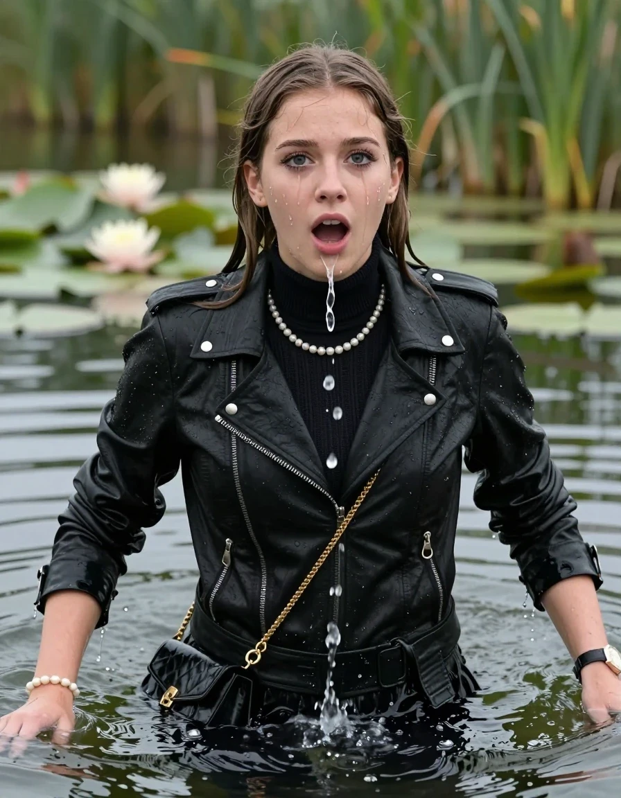 photo of young woman, in soaking wet, drenched clothes,
, , Black Biker leatherjacket, tight knit turtleneck sweater belly free, handbag, pearl necklace, bracelet, wristwatch, drowning in a lake with water lilies and reeds, 
enjoying, wet clothes stuck to body,
detailed textures of the wet clothes, wet face, wet plastered hair,
wet, drenched, professional, high-quality details, full body view.
sharp focus, ultra-high pixel detail, realistic, high-quality, full colors, incredibly detailed, 4k, 8k, 16k, hyper-realistic, RAW photo, masterpiece, ultra-detailed, professionally color graded, professional photograph, sleek long straight hair

15 years old  teenage girls

Only head and shoulders are over the surface visible. Open mouth, big eyes. Eyeliner is running down the cheeks. spits out water. Tries to swim.

The girls wear different clothes.

she is completely underwater up to her neck, afraid and astonished expression. 

her clothing is soaking wet and clinging tightly to her skin, showing heavy wet folds, darkened fabric texture, and deep water-saturated Patches, her clothes are heavy from the water, water runs from her body and her clothes in streams. A lot of water also runs out of her clothes. Her clothes are darkened by the water. Her submerged clothes are good visible under the water.  she soaked her handbag into the water.

close up view, wet skin, wet clothes, wet hair, damp fabric, water runs down the clothes, wet skin, wet clothes, damp fabric. cinematic medium shot, hyper-realistic wetness, high-contrast water sheen, sharp focus, 16k resolution, professional photography, realistic water physics., wet skin, wet clothes, damp fabric, wet skin, wet clothes, damp fabric, wet skin, wet clothes, damp fabric