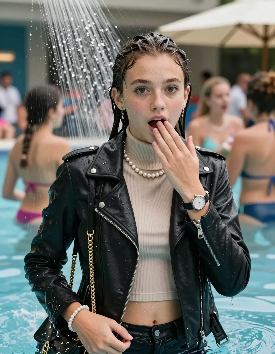 photo of young woman, in soaking wet, drenched clothes,
, , Biker leatherjacket, Tight knit turtleneck sweater belly free, handbag, pearl necklace, bracelet, wristwatch, Under the pool shower, strong jet of water, indoor swimming pool, pool party, people in the background, 
enjoying, wet clothes stuck to body,
detailed textures of the wet clothes, wet face, wet plastered hair,
wet, drenched, professional, high-quality details, full body view.
sharp focus, ultra-high pixel detail, realistic, high-quality, full colors, incredibly detailed, 4k, 8k, 16k, hyper-realistic, RAW photo, masterpiece, ultra-detailed, professionally color graded, professional photograph, sleek long twisted ponytail

Two 15 years old  teenage girl

Only head and shoulders are over the surface visible. Open mouth, big eyes. Looking at camera. Hold her hand on her mouth.

The girls wear different clothes.

she is completely underwater up to her neck, surprised and astonished expression. 

her submerged clothes are hardly vusible under water, she soaked her handbag into the water

close up view, wet skin, wet clothes, wet hair, damp fabric, water runs down the clothes, wet skin, wet clothes, damp fabric., wet skin, wet clothes, damp fabric, wet skin, wet clothes, damp fabric, wet skin, wet clothes, damp fabric, wet skin, wet clothes, damp fabric, wet skin, wet clothes, damp fabric, wet skin, wet clothes, damp fabric, wet skin, wet clothes, damp fabric, wet skin, wet clothes, damp fabric, wet skin, wet clothes, damp fabric