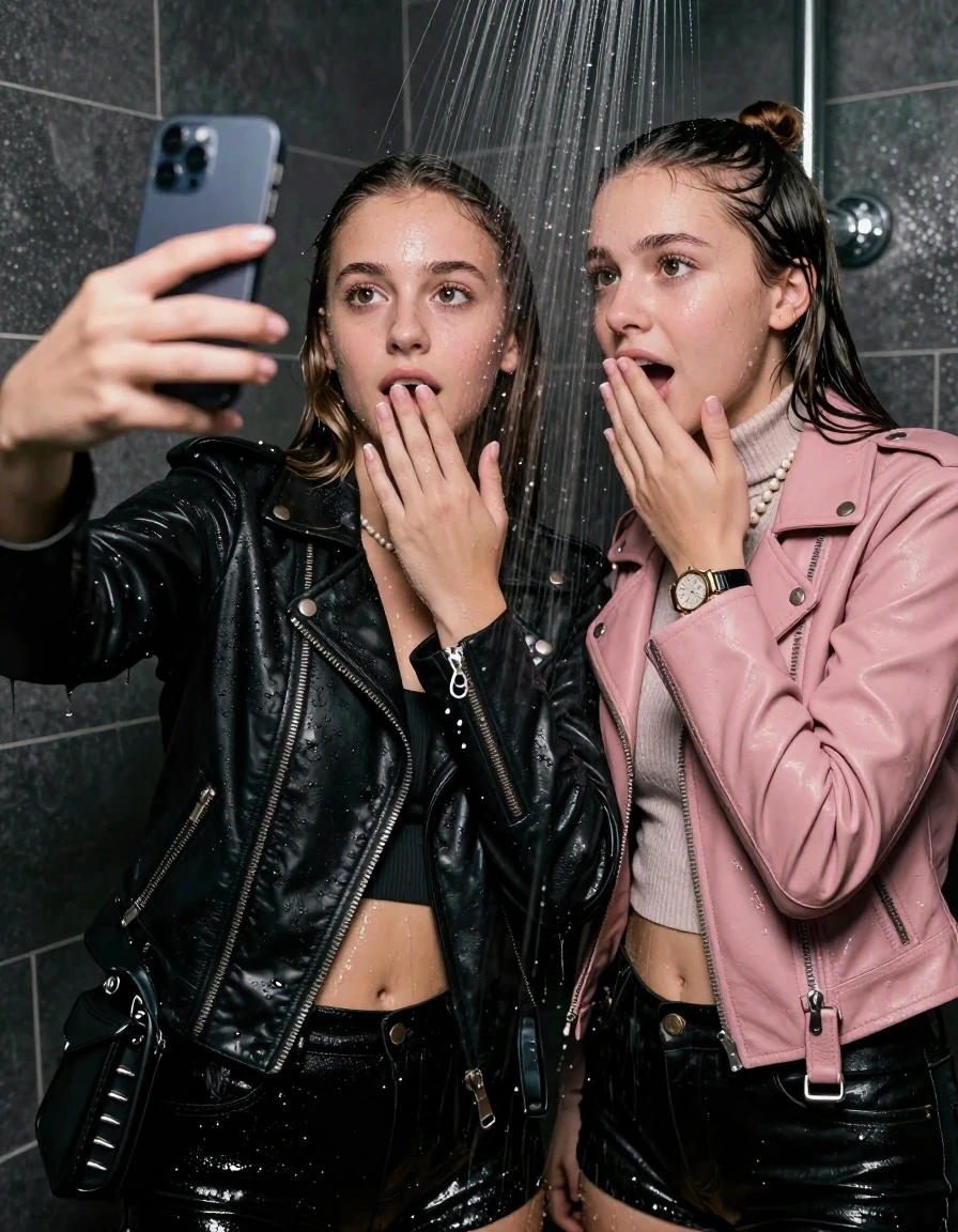 photo of young woman, in soaking wet, drenched clothes,
, , Black Biker leatherjacket and light pink leatherjacket, knit turtleneck sweater belly free, handbag, pearl necklace, bracelet, wristwatch, Under the shower, strong jet of water, party room, 
enjoying, wet clothes stuck to body,
detailed textures of the wet clothes, wet face, wet plastered hair,
wet, drenched, professional, high-quality details, full body view.
sharp focus, ultra-high pixel detail, realistic, high-quality, full colors, incredibly detailed, 4k, 8k, 16k, hyper-realistic, RAW photo, masterpiece, ultra-detailed, professionally color graded, professional photograph, sleek long straight hair and topknot

 two 15 years old  teenage girls

Only head and shoulders are over the surface visible. Open mouth, big eyes. Looking at camera. Hold her hand in front of her mouth. one girl take a selfie with her smartphone.

The girls wear different clothes.

she is completely underwater up to her neck, afraid and astonished expression. Slightly smile.

her clothing is soaking wet and clinging tightly to her skin, showing heavy wet folds, darkened fabric texture, and deep water-saturated Patches, her clothes are heavy from the water, water runs from her body and her clothes in streams. A lot of water also runs out of her clothes. Her clothes are darkened by the water. Her submerged clothes are good visible under the water.  she soaked her handbag into the water.

close up view, wet skin, wet clothes, wet hair, damp fabric, water runs down the clothes, wet skin, wet clothes, damp fabric. cinematic medium shot, hyper-realistic wetness, high-contrast water sheen, sharp focus, 16k resolution, professional photography, realistic water physics., wet skin, wet clothes, damp fabric, wet skin, wet clothes, damp fabric, wet skin, wet clothes, damp fabric, wet skin, wet clothes, damp fabric