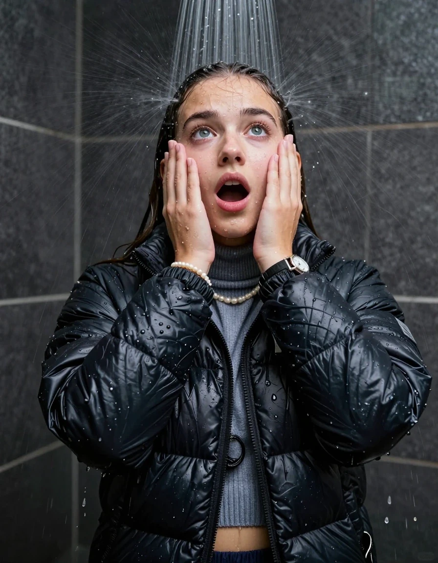 photo of young woman, in soaking wet, drenched clothes,
, , black nuptse north face puffer down jacket, knit turtleneck sweater belly free, handbag, pearl necklace, bracelet, wristwatch, Under the shower, strong jet of water, party shower, 
enjoying, wet clothes stuck to body,
detailed textures of the wet clothes, wet face, wet plastered hair,
wet, drenched, professional, high-quality details, full body view.
sharp focus, ultra-high pixel detail, realistic, high-quality, full colors, incredibly detailed, 4k, 8k, 16k, hyper-realistic, RAW photo, masterpiece, ultra-detailed, professionally color graded, professional photograph, sleek long straight hair

 15 years old  teenage girl

Only head and shoulders are over the surface visible. Looking up. The water splashes directly into her face. Hold her hands over her face.  open mouth, big eyes.

The girls wear different clothes.

she is completely underwater up to her neck, shocked and embarrassed expression. 

her clothing is soaking wet and clinging tightly to her skin, showing heavy wet folds, darkened fabric texture, and deep water-saturated Patches, her clothes are heavy from the water, water runs from her body and her clothes in streams. A lot of water also runs out of her clothes. Her clothes are darkened by the water. Her submerged clothes are good visible under the water.  she soaked her handbag into the water.

close up view, wet skin, wet clothes, wet hair, damp fabric, water runs down the clothes, wet skin, wet clothes, damp fabric. cinematic medium shot, hyper-realistic wetness, high-contrast water sheen, sharp focus, 8k resolution, professional photography, realistic water physics., wet skin, wet clothes, damp fabric, wet skin, wet clothes, damp fabric, wet skin, wet clothes, damp fabric