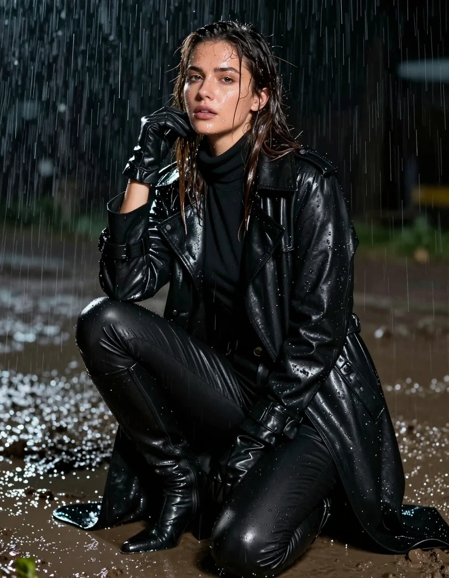 photo of young woman, in soaking wet, drenched clothes,
black leather knee-high boots, black leather jeans, oversize black leather polar neck shirt, leather gloves on both hands, black leather trench coat, kneeling in a mud pit, drenched, at night, heavy rain, 
enjoying, wet clothes stuck to body,
detailed textures of the wet clothes, wet face, wet plastered hair,
wet, drenched, professional, high-quality details, full body view.
sharp focus, ultra-high pixel detail, realistic, high-quality, full colors, incredibly detailed, 4k, 8k, 16k, hyper-realistic, RAW photo, masterpiece, ultra-detailed, professionally color graded, professional photograph, white woman, long dripping wet brown hair,, wet skin, wet clothes, damp fabric, wet skin, wet clothes, damp fabric