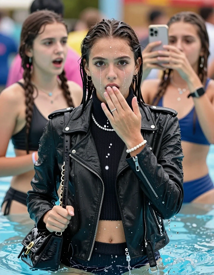 photo of young woman, in soaking wet, drenched clothes,
, , Black biker leatherjacket, knit turtleneck sweater belly free, handbag, pearl necklace, bracelet, wristwatch, submerged in a crowded pool of a waterpark at a pool party. , 
enjoying, wet clothes stuck to body,
detailed textures of the wet clothes, wet face, wet plastered hair,
wet, drenched, professional, high-quality details, full body view.
sharp focus, ultra-high pixel detail, realistic, high-quality, full colors, incredibly detailed, 4k, 8k, 16k, hyper-realistic, RAW photo, masterpiece, ultra-detailed, professionally color graded, professional photograph, Behind view: two 15-year-old teenage girl.
wet plastered hair. Sleek long straight hair.

Only head and shoulders are over the surface visible. Looking at camera. The water splashes directly into her face. Hold her hand on her mouth.  open mouth, big eyes.

The girls wear different clothes.

she is completely underwater up to her neck, afraid and astonished expression. Slightly smile. Take a Selfie with her Smartphone.

her clothing is soaking wet and clinging tightly to her skin, showing heavy wet folds, darkened fabric texture, and deep water-saturated Patches, her clothes are heavy from the water, water runs from her body and her clothes in streams. A lot of water also runs out of her clothes. Her clothes are darkened by the water. Her submerged clothes are good visible under the water.  she soaked her handbag into the water.

close up view, wet skin, wet clothes, wet hair, damp fabric, water runs down the clothes, wet skin, wet clothes, damp fabric. cinematic medium shot, hyper-realistic wetness, high-contrast water sheen, sharp focus, 16k resolution, professional photography, realistic water physics., wet skin, wet clothes, damp fabric, wet skin, wet clothes, damp fabric, wet skin, wet clothes, damp fabric, wet skin, wet clothes, damp fabric, wet skin, wet clothes, damp fabric, wet skin, wet clothes, damp fabric