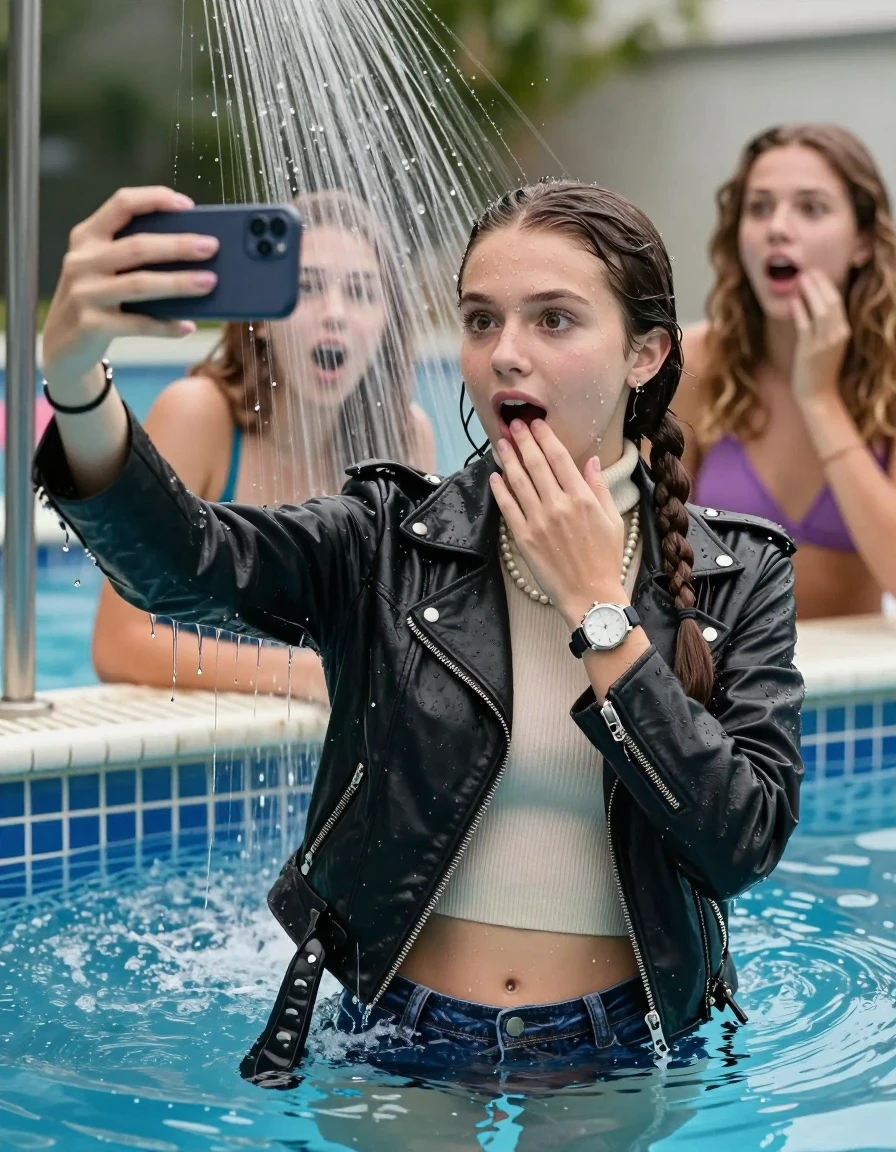 photo of young woman, in soaking wet, drenched clothes,
, , Biker leatherjacket, Tight knit turtleneck sweater belly free, handbag, pearl necklace, bracelet, wristwatch, Under the pool shower, strong jet of water, indoor swimming pool, pool party, her different clothed friends watching her shocked from the edge, 
enjoying, wet clothes stuck to body,
detailed textures of the wet clothes, wet face, wet plastered hair,
wet, drenched, professional, high-quality details, full body view.
sharp focus, ultra-high pixel detail, realistic, high-quality, full colors, incredibly detailed, 4k, 8k, 16k, hyper-realistic, RAW photo, masterpiece, ultra-detailed, professionally color graded, professional photograph, sleek long twisted ponytail

Two 15 years old  teenage girl

Only head and shoulders are over the surface visible. Open mouth, big eyes. Looking at camera. Hold her hand on her corner of the mouth. take a selfie with her smartphone.

The girls wear different clothes.

she is completely underwater up to her neck, surprised and astonished expression. 

her submerged clothes are hardly vusible under water, she soaked her handbag into the water

close up view, wet skin, wet clothes, wet hair, damp fabric, water runs down the clothes, wet skin, wet clothes, damp fabric., wet skin, wet clothes, damp fabric, wet skin, wet clothes, damp fabric, wet skin, wet clothes, damp fabric, wet skin, wet clothes, damp fabric, wet skin, wet clothes, damp fabric, wet skin, wet clothes, damp fabric, wet skin, wet clothes, damp fabric, wet skin, wet clothes, damp fabric, wet skin, wet clothes, damp fabric