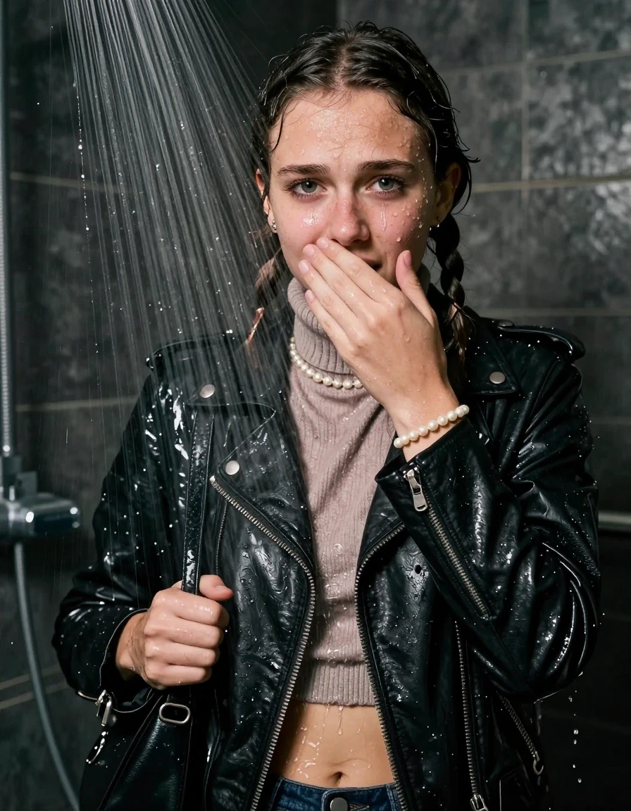 photo of young woman, in soaking wet, drenched clothes,
, , Biker leatherjacket, knit turtleneck sweater belly free, handbag, pearl necklace, bracelet, wristwatch, Under the shower, strong jet of water, party room, 
enjoying, wet clothes stuck to body,
detailed textures of the wet clothes, wet face, wet plastered hair,
wet, drenched, professional, high-quality details, full body view.
sharp focus, ultra-high pixel detail, realistic, high-quality, full colors, incredibly detailed, 4k, 8k, 16k, hyper-realistic, RAW photo, masterpiece, ultra-detailed, professionally color graded, professional photograph, pigtails

 15 years old  teenage girl

Only head and shoulders are over the surface visible. Looking at camera. Hold her hand over her mouth.

The girls wear different clothes.

she is completely underwater up to her neck, worried and embarrassed expression. 

her clothing is soaking wet and clinging tightly to her skin, showing heavy wet folds, darkened fabric texture, and deep water-saturated Patches, her clothes are heavy from the water, water runs from her body and her clothes in streams. A lot of water also runs out of her clothes. Her clothes are darkened by the water. Her submerged clothes are good visible under the water.  she soaked her handbag into the water.

close up view, wet skin, wet clothes, wet hair, damp fabric, water runs down the clothes, wet skin, wet clothes, damp fabric. cinematic medium shot, hyper-realistic wetness, high-contrast water sheen, sharp focus, 8k resolution, professional photography, realistic water physics., wet skin, wet clothes, damp fabric, wet skin, wet clothes, damp fabric, wet skin, wet clothes, damp fabric