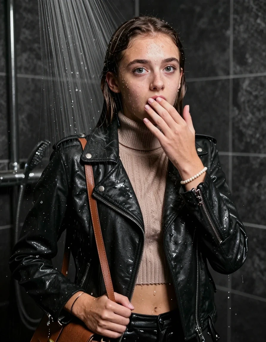 photo of young woman, in soaking wet, drenched clothes,
, , Biker leatherjacket, knit turtleneck sweater belly free, handbag, pearl necklace, bracelet, wristwatch, Under the shower, strong jet of water, party room, 
enjoying, wet clothes stuck to body,
detailed textures of the wet clothes, wet face, wet plastered hair,
wet, drenched, professional, high-quality details, full body view.
sharp focus, ultra-high pixel detail, realistic, high-quality, full colors, incredibly detailed, 4k, 8k, 16k, hyper-realistic, RAW photo, masterpiece, ultra-detailed, professionally color graded, professional photograph, sleek long straight hair

 15 years old  teenage girl

Only head and shoulders are over the surface visible. Open mouth, big eyes. Looking at camera. Hold her hand on her mouth.

The girls wear different clothes.

she is completely underwater up to her neck, afraid and astonished expression. 

her clothing is soaking wet and clinging tightly to her skin, showing heavy wet folds, darkened fabric texture, and deep water-saturated Patches, her clothes are heavy from the water, water runs from her body and her clothes in streams. A lot of water also runs out of her clothes. Her clothes are darkened by the water. Her submerged clothes are good visible under the water.  she soaked her handbag into the water.

close up view, wet skin, wet clothes, wet hair, damp fabric, water runs down the clothes, wet skin, wet clothes, damp fabric. cinematic medium shot, hyper-realistic wetness, high-contrast water sheen, sharp focus, 8k resolution, professional photography, realistic water physics., wet skin, wet clothes, damp fabric, wet skin, wet clothes, damp fabric