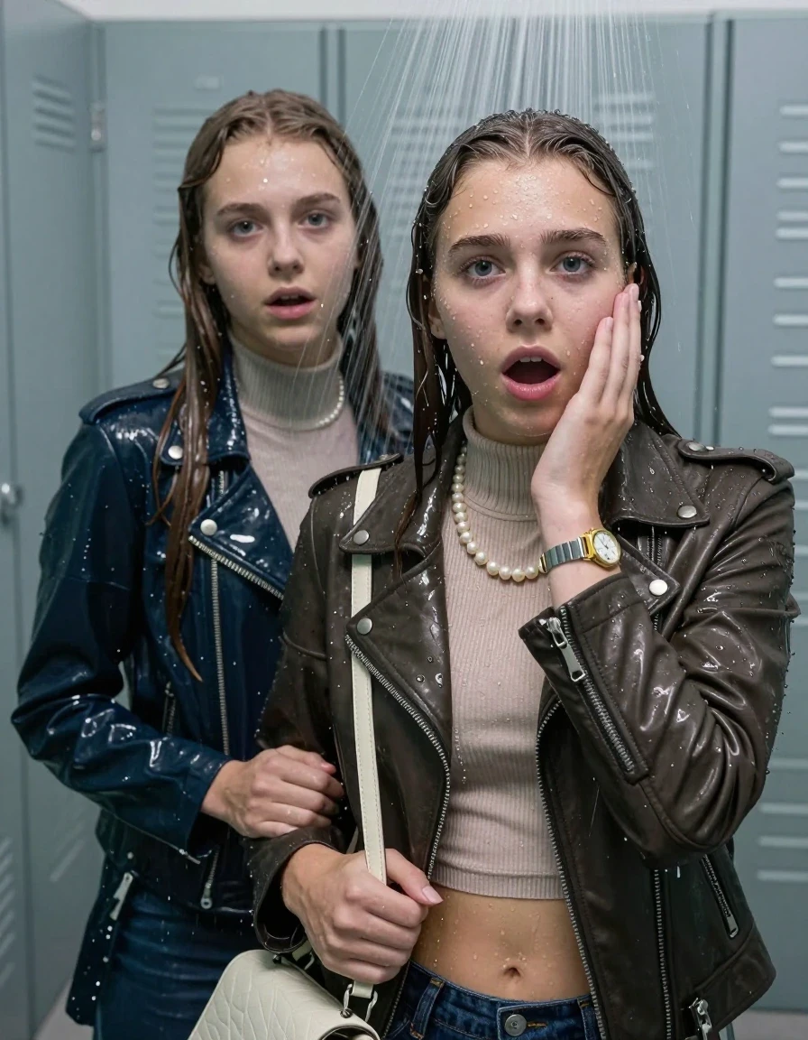 photo of young woman, in soaking wet, drenched clothes,
, , Biker leatherjacket, Tight knit turtleneck sweater belly free, handbag, pearl necklace, bracelet, wristwatch, Under the shower, strong jet of water, locker room, 
enjoying, wet clothes stuck to body,
detailed textures of the wet clothes, wet face, wet plastered hair,
wet, drenched, professional, high-quality details, full body view.
sharp focus, ultra-high pixel detail, realistic, high-quality, full colors, incredibly detailed, 4k, 8k, 16k, hyper-realistic, RAW photo, masterpiece, ultra-detailed, professionally color graded, professional photograph, sleek long straight hair

Two 15 years old  teenage girl

Only head and shoulders are over the surface visible. Open mouth, big eyes. Looking at camera. Hold her hand in front of her cheek.

The girls wear different clothes.

she is completely underwater up to her neck, surprised and astonished expression. 

her submerged clothes are hardly vusible under water, she soaked her handbag into the water

close up view, wet skin, wet clothes, wet hair, damp fabric, water runs down the clothes, wet skin, wet clothes, damp fabric., wet skin, wet clothes, damp fabric, wet skin, wet clothes, damp fabric, wet skin, wet clothes, damp fabric, wet skin, wet clothes, damp fabric, wet skin, wet clothes, damp fabric, wet skin, wet clothes, damp fabric, wet skin, wet clothes, damp fabric, wet skin, wet clothes, damp fabric, wet skin, wet clothes, damp fabric, wet skin, wet clothes, damp fabric