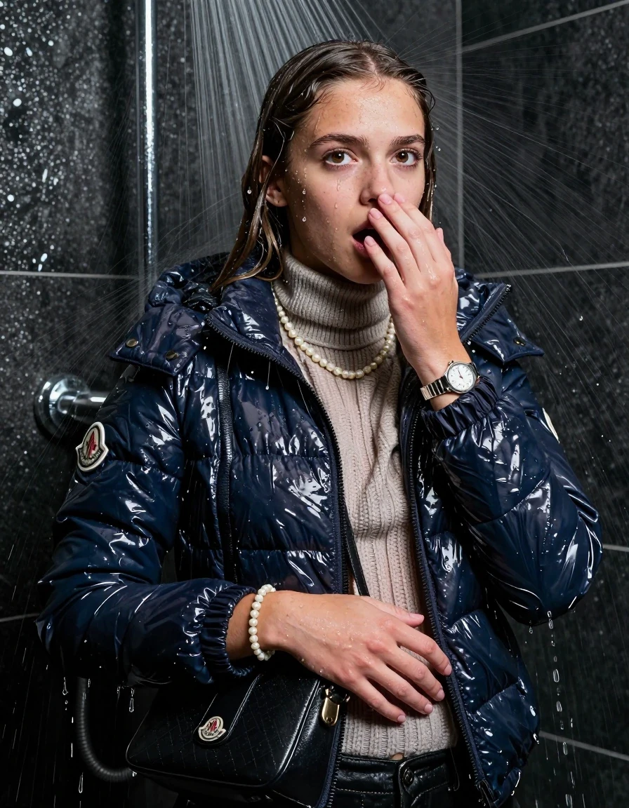 photo of young woman, in soaking wet, drenched clothes,
, , moncler shiny puffer down jacket, knit turtleneck sweater belly free, handbag, pearl necklace, bracelet, wristwatch, Under the shower, strong jet of water, party shower, 
enjoying, wet clothes stuck to body,
detailed textures of the wet clothes, wet face, wet plastered hair,
wet, drenched, professional, high-quality details, full body view.
sharp focus, ultra-high pixel detail, realistic, high-quality, full colors, incredibly detailed, 4k, 8k, 16k, hyper-realistic, RAW photo, masterpiece, ultra-detailed, professionally color graded, professional photograph, sleek long straight hair

 15 years old  teenage girl

Only head and shoulders are over the surface visible. Looking at camera. Hold her hand in front of her nose. open mouth.

The girls wear different clothes.

she is completely underwater up to her neck, shocked and embarrassed expression. 

her clothing is soaking wet and clinging tightly to her skin, showing heavy wet folds, darkened fabric texture, and deep water-saturated Patches, her clothes are heavy from the water, water runs from her body and her clothes in streams. A lot of water also runs out of her clothes. Her clothes are darkened by the water. Her submerged clothes are good visible under the water.  she soaked her handbag into the water.

close up view, wet skin, wet clothes, wet hair, damp fabric, water runs down the clothes, wet skin, wet clothes, damp fabric. cinematic medium shot, hyper-realistic wetness, high-contrast water sheen, sharp focus, 8k resolution, professional photography, realistic water physics., wet skin, wet clothes, damp fabric, wet skin, wet clothes, damp fabric, wet skin, wet clothes, damp fabric