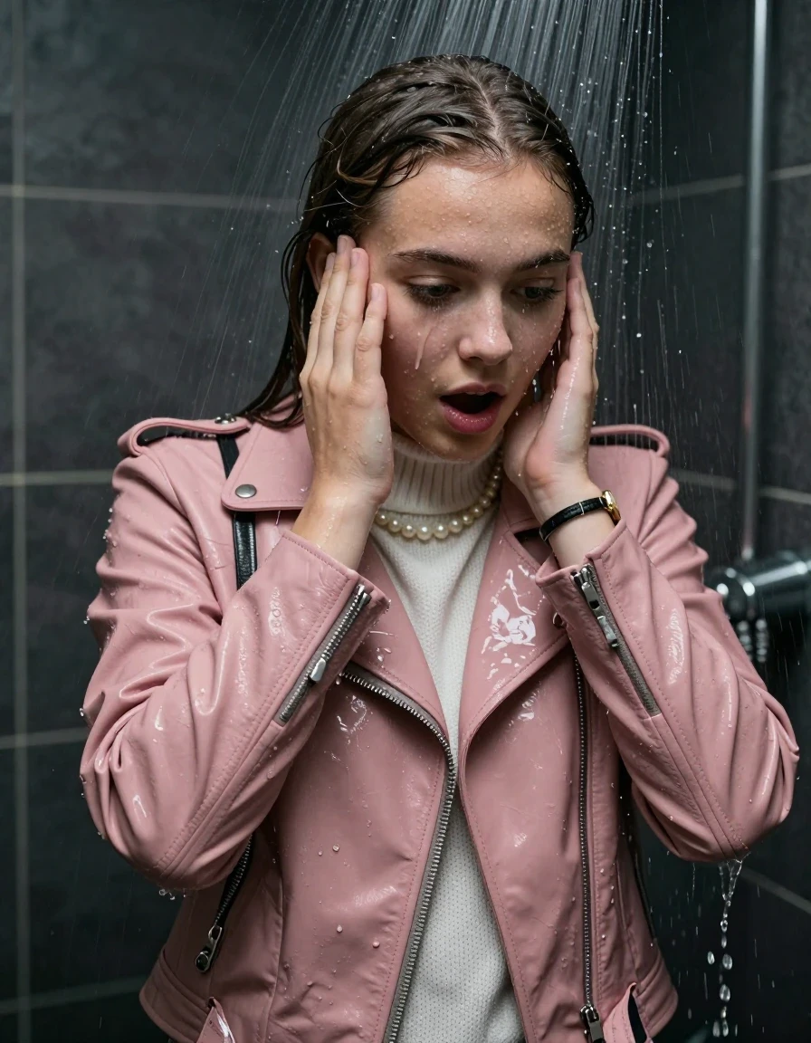 photo of young woman, in soaking wet, drenched clothes,
, , Light pink Biker leatherjacket, white knit turtleneck sweater, handbag, pearl necklace, bracelet, wristwatch, Under the shower, strong jet of water, party room, 
enjoying, wet clothes stuck to body,
detailed textures of the wet clothes, wet face, wet plastered hair,
wet, drenched, professional, high-quality details, full body view.
sharp focus, ultra-high pixel detail, realistic, high-quality, full colors, incredibly detailed, 4k, 8k, 16k, hyper-realistic, RAW photo, masterpiece, ultra-detailed, professionally color graded, professional photograph, sleek long straight hair

 15 years old  school girl

Only head and shoulders are over the surface visible. Open mouth, big eyes. Looking down. Hold her hands on her face.

The girls wear different clothes.

she is completely underwater up to her neck, surprised and astonished expression. 

her clothing is soaking wet and clinging tightly to her skin, showing heavy wet folds, darkened fabric texture, and deep water-saturated Patches, her clothes are heavy from the water, water runs from her body and her clothes in streams. A lot of water also runs out of her clothes. Her clothes are darkened by the water. Her submerged clothes are good visible under the water.  she soaked her handbag into the water.

close up view, wet skin, wet clothes, wet hair, damp fabric, water runs down the clothes, wet skin, wet clothes, damp fabric. cinematic medium shot, hyper-realistic wetness, high-contrast water sheen, sharp focus, 16k resolution, professional photography, realistic water physics., wet skin, wet clothes, damp fabric, wet skin, wet clothes, damp fabric, wet skin, wet clothes, damp fabric