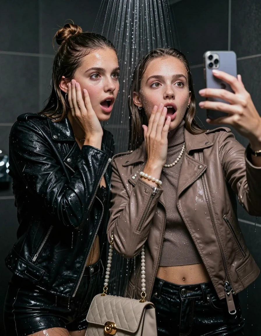photo of young woman, in soaking wet, drenched clothes,
, , Black Biker leatherjacket and light brown leatherjacket, tight knit turtleneck sweater belly free, handbag, pearl necklace, bracelet, wristwatch, Under the shower, strong jet of water, party room, 
enjoying, wet clothes stuck to body,
detailed textures of the wet clothes, wet face, wet plastered hair,
wet, drenched, professional, high-quality details, full body view.
sharp focus, ultra-high pixel detail, realistic, high-quality, full colors, incredibly detailed, 4k, 8k, 16k, hyper-realistic, RAW photo, masterpiece, ultra-detailed, professionally color graded, professional photograph, sleek long straight hair and topknot

 two 15 years old  teenage girls

Only head and shoulders are over the surface visible. Open mouth, big eyes. Looking at camera. one Hold her hand on her cheek. one hold one hand on her mouth and take with the other hand a selfie with her smartphone.

The girls wear different clothes.

she is completely underwater up to her neck, horny and astonished expression. 

her clothing is soaking wet and clinging tightly to her skin, showing heavy wet folds, darkened fabric texture, and deep water-saturated Patches, her clothes are heavy from the water, water runs from her body and her clothes in streams. A lot of water also runs out of her clothes. Her clothes are darkened by the water. Her submerged clothes are good visible under the water.  she soaked her handbag into the water.

close up view, wet skin, wet clothes, wet hair, damp fabric, water runs down the clothes, wet skin, wet clothes, damp fabric. cinematic medium shot, hyper-realistic wetness, high-contrast water sheen, sharp focus, 16k resolution, professional photography, realistic water physics., wet skin, wet clothes, damp fabric, wet skin, wet clothes, damp fabric, wet skin, wet clothes, damp fabric