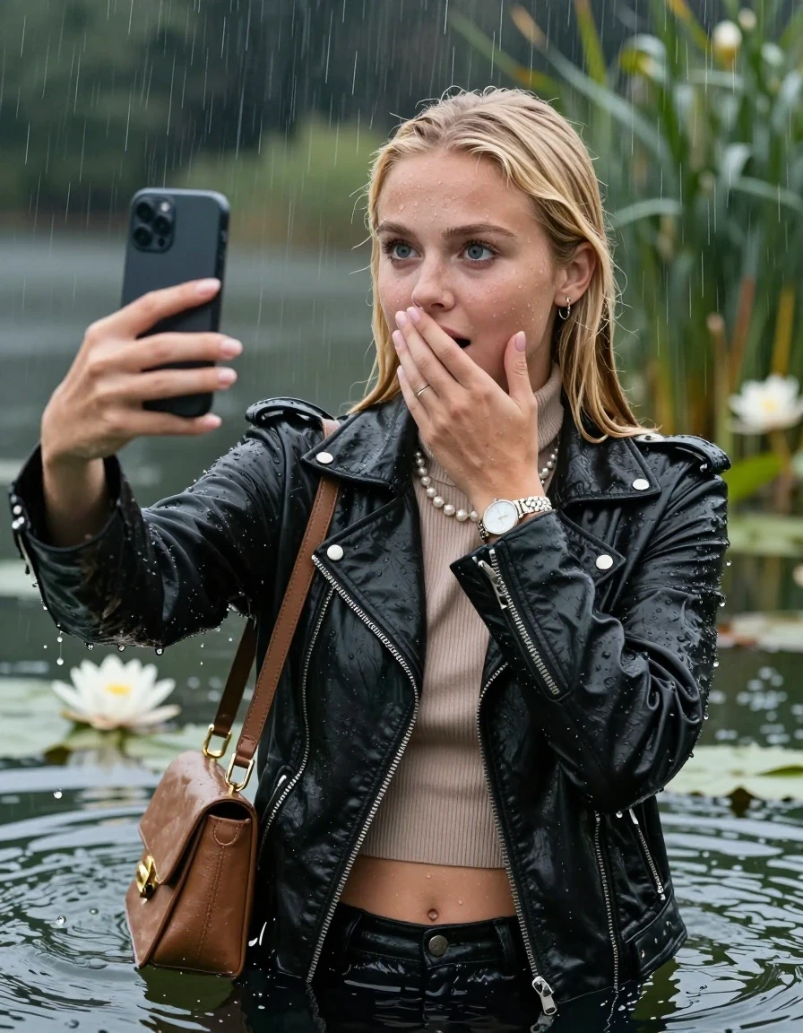 photo of young woman, in soaking wet, drenched clothes,
, , Black Biker leatherjacket and light brown leatherjacket, tight knit turtleneck sweater belly free, handbag, pearl necklace, bracelet, wristwatch, Emerging after diving in a lake with water lilies and reeds, heavy rain falls directely on her heads, 
enjoying, wet clothes stuck to body,
detailed textures of the wet clothes, wet face, wet plastered hair,
wet, drenched, professional, high-quality details, full body view.
sharp focus, ultra-high pixel detail, realistic, high-quality, full colors, incredibly detailed, 4k, 8k, 16k, hyper-realistic, RAW photo, masterpiece, ultra-detailed, professionally color graded, professional photograph, blonde sleek long straight hair and sleek bun

15 years old  teenage girls

Only head and shoulders are over the surface visible. Open mouth, big eyes. Looking at camera. one Hold her hands onver her mouth. one hold one hand on her mouth and take with the other hand a selfie with her smartphone.

The girls wear different clothes.

she is completely underwater up to her neck, horny and astonished expression. 

her clothing is soaking wet and clinging tightly to her skin, showing heavy wet folds, darkened fabric texture, and deep water-saturated Patches, her clothes are heavy from the water, water runs from her body and her clothes in streams. A lot of water also runs out of her clothes. Her clothes are darkened by the water. Her submerged clothes are good visible under the water.  she soaked her handbag into the water.

close up view, wet skin, wet clothes, wet hair, damp fabric, water runs down the clothes, wet skin, wet clothes, damp fabric. cinematic medium shot, hyper-realistic wetness, high-contrast water sheen, sharp focus, 16k resolution, professional photography, realistic water physics., wet skin, wet clothes, damp fabric, wet skin, wet clothes, damp fabric, wet skin, wet clothes, damp fabric