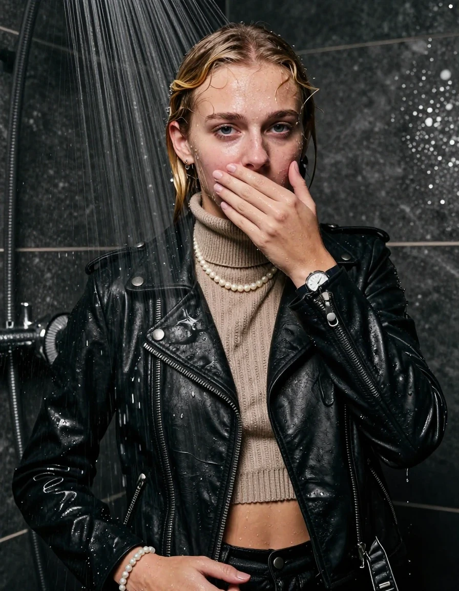 photo of young woman, in soaking wet, drenched clothes,
, , Biker leatherjacket, knit turtleneck sweater belly free, handbag, pearl necklace, bracelet, wristwatch, Under the shower, strong jet of water, party room, 
enjoying, wet clothes stuck to body,
detailed textures of the wet clothes, wet face, wet plastered hair,
wet, drenched, professional, high-quality details, full body view.
sharp focus, ultra-high pixel detail, realistic, high-quality, full colors, incredibly detailed, 4k, 8k, 16k, hyper-realistic, RAW photo, masterpiece, ultra-detailed, professionally color graded, professional photograph, blonde pigtails

 15 years old  teenage girl

Only head and shoulders are over the surface visible. Looking at camera. Hold her hand over her mouth.

The girls wear different clothes.

she is completely underwater up to her neck, afraid and embarrassed expression. 

her clothing is soaking wet and clinging tightly to her skin, showing heavy wet folds, darkened fabric texture, and deep water-saturated Patches, her clothes are heavy from the water, water runs from her body and her clothes in streams. A lot of water also runs out of her clothes. Her clothes are darkened by the water. Her submerged clothes are good visible under the water.  she soaked her handbag into the water.

close up view, wet skin, wet clothes, wet hair, damp fabric, water runs down the clothes, wet skin, wet clothes, damp fabric. cinematic medium shot, hyper-realistic wetness, high-contrast water sheen, sharp focus, 8k resolution, professional photography, realistic water physics., wet skin, wet clothes, damp fabric, wet skin, wet clothes, damp fabric, wet skin, wet clothes, damp fabric