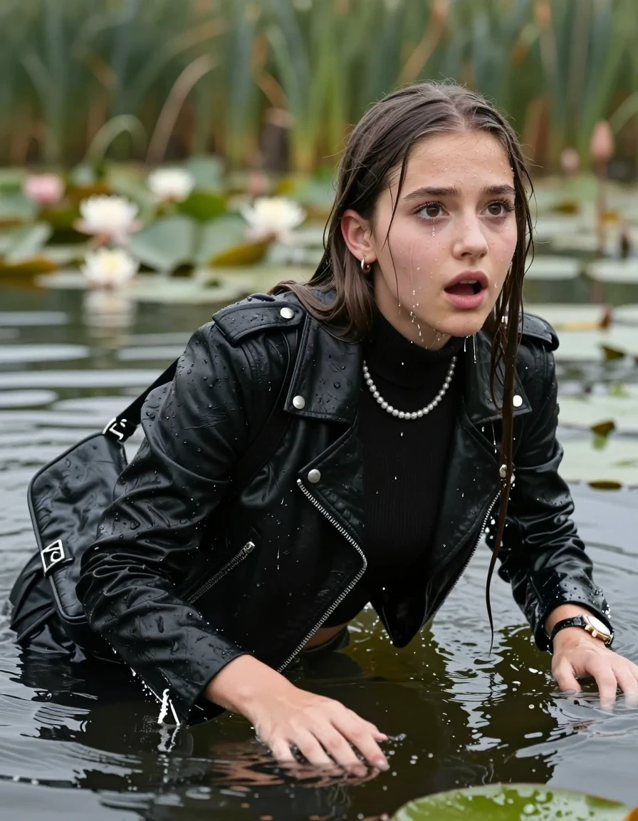 photo of young woman, in soaking wet, drenched clothes,
, , Black Biker leatherjacket, tight knit turtleneck sweater belly free, shoulderbag, pearl necklace, bracelet, wristwatch, drowning in a lake with water lilies and reeds, 
enjoying, wet clothes stuck to body,
detailed textures of the wet clothes, wet face, wet plastered hair,
wet, drenched, professional, high-quality details, full body view.
sharp focus, ultra-high pixel detail, realistic, high-quality, full colors, incredibly detailed, 4k, 8k, 16k, hyper-realistic, RAW photo, masterpiece, ultra-detailed, professionally color graded, professional photograph, sleek long straight hair

15 years old  teenage girls

Only head and shoulders are over the surface visible. Open mouth, big eyes. Eyeliner is running down the cheeks. leaning forward, lay her breast on the surface and tries to swim.

The girls wear different clothes.

she is completely underwater up to her neck, afraid and astonished expression. 

her clothing is soaking wet and clinging tightly to her skin, showing heavy wet folds, darkened fabric texture, and deep water-saturated Patches, her clothes are heavy from the water, water runs from her body and her clothes in streams. A lot of water also runs out of her clothes. Her clothes are darkened by the water. Her submerged clothes are good visible under the water.  she soaked her handbag into the water.

close up view, wet skin, wet clothes, wet hair, damp fabric, water runs down the clothes, wet skin, wet clothes, damp fabric. cinematic medium shot, hyper-realistic wetness, high-contrast water sheen, sharp focus, 16k resolution, professional photography, realistic water physics., wet skin, wet clothes, damp fabric, wet skin, wet clothes, damp fabric, wet skin, wet clothes, damp fabric