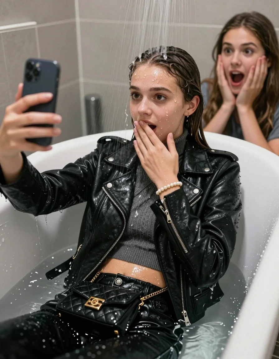 photo of young woman, in soaking wet, drenched clothes,
, , Black biker leatherjacket, knit turtleneck sweater belly free, handbag, pearl necklace, bracelet, wristwatch, 15-year-old teenage Girl relaxing directly under a heavy powerful stream of water in a bathtube of a modern bathroom, a shocked friend sits beside the tube and watching her, 
enjoying, wet clothes stuck to body,
detailed textures of the wet clothes, wet face, wet plastered hair,
wet, drenched, professional, high-quality details, full body view.
sharp focus, ultra-high pixel detail, realistic, high-quality, full colors, incredibly detailed, 4k, 8k, 16k, hyper-realistic, RAW photo, masterpiece, ultra-detailed, professionally color graded, professional photograph, Behind view: 15-year-old teenage girl.
wet plastered hair. Sleek long straight hair.

Only head and shoulders are over the surface visible. Looking at camera. The water splashes directly into her face. Hold her hand on her mouth.  open mouth, big eyes.

The girls wear different clothes.

she is completely underwater up to her neck, afraid and astonished expression. Slightly smile. Take a Selfie with her Smartphone.

her clothing is soaking wet and clinging tightly to her skin, showing heavy wet folds, darkened fabric texture, and deep water-saturated Patches, her clothes are heavy from the water, water runs from her body and her clothes in streams. A lot of water also runs out of her clothes. Her clothes are darkened by the water. Her submerged clothes are good visible under the water.  she soaked her handbag into the water.

close up view, wet skin, wet clothes, wet hair, damp fabric, water runs down the clothes, wet skin, wet clothes, damp fabric. cinematic medium shot, hyper-realistic wetness, high-contrast water sheen, sharp focus, 16k resolution, professional photography, realistic water physics., wet skin, wet clothes, damp fabric, wet skin, wet clothes, damp fabric, wet skin, wet clothes, damp fabric, wet skin, wet clothes, damp fabric, wet skin, wet clothes, damp fabric, wet skin, wet clothes, damp fabric