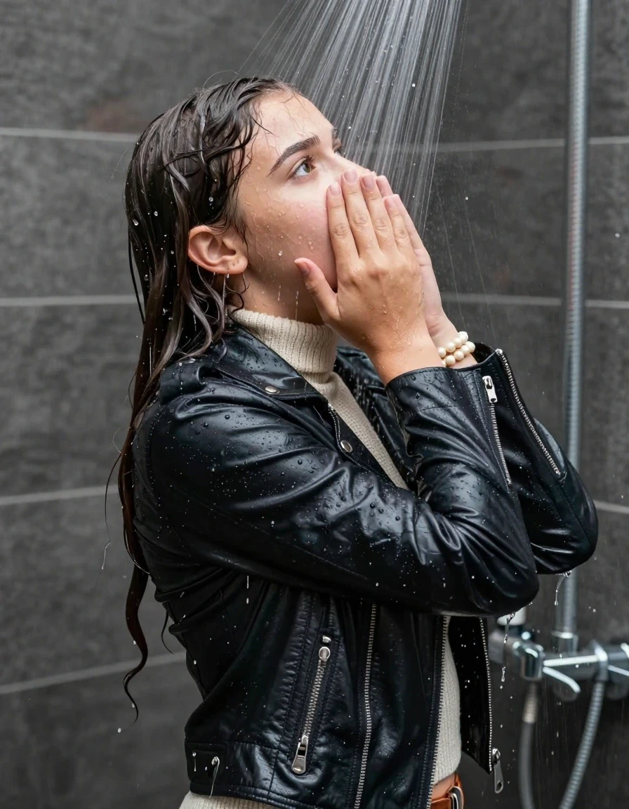 photo of young woman, in soaking wet, drenched clothes,
, , biker leatherjacket, knit turtleneck sweater belly free, handbag, pearl necklace, bracelet, wristwatch, Back view: Under the shower, strong jet of water, party shower, 
enjoying, wet clothes stuck to body,
detailed textures of the wet clothes, wet face, wet plastered hair,
wet, drenched, professional, high-quality details, full body view.
sharp focus, ultra-high pixel detail, realistic, high-quality, full colors, incredibly detailed, 4k, 8k, 16k, hyper-realistic, RAW photo, masterpiece, ultra-detailed, professionally color graded, professional photograph, sleek long straight hair

 15 years old  teenage girl

Only head and shoulders are over the surface visible. Looking back. The water splashes directly into her face. Hold her hands over her face.  open mouth, big eyes.

The girls wear different clothes.

she is completely underwater up to her neck, shocked and embarrassed expression. 

her clothing is soaking wet and clinging tightly to her skin, showing heavy wet folds, darkened fabric texture, and deep water-saturated Patches, her clothes are heavy from the water, water runs from her body and her clothes in streams. A lot of water also runs out of her clothes. Her clothes are darkened by the water. Her submerged clothes are good visible under the water.  she soaked her handbag into the water.

close up view, wet skin, wet clothes, wet hair, damp fabric, water runs down the clothes, wet skin, wet clothes, damp fabric. cinematic medium shot, hyper-realistic wetness, high-contrast water sheen, sharp focus, 16k resolution, professional photography, realistic water physics., wet skin, wet clothes, damp fabric, wet skin, wet clothes, damp fabric, wet skin, wet clothes, damp fabric