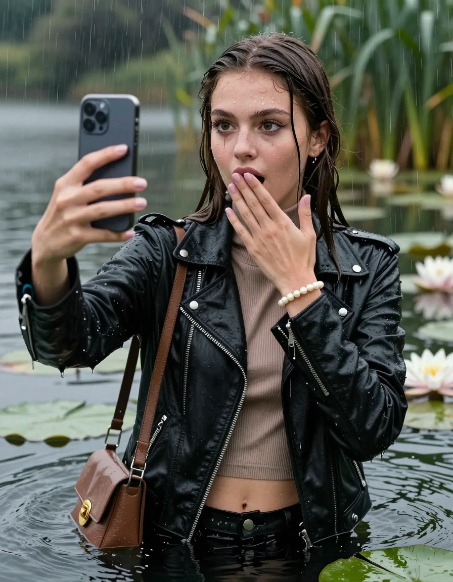 photo of young woman, in soaking wet, drenched clothes,
, , Black Biker leatherjacket and light brown leatherjacket, tight knit turtleneck sweater belly free, handbag, pearl necklace, bracelet, wristwatch, Emerging after diving in a lake with water lilies and reeds, heavy rain falls directely on her heads, 
enjoying, wet clothes stuck to body,
detailed textures of the wet clothes, wet face, wet plastered hair,
wet, drenched, professional, high-quality details, full body view.
sharp focus, ultra-high pixel detail, realistic, high-quality, full colors, incredibly detailed, 4k, 8k, 16k, hyper-realistic, RAW photo, masterpiece, ultra-detailed, professionally color graded, professional photograph, sleek long straight hair

15 years old  teenage girls

Only head and shoulders are over the surface visible. Open mouth, big eyes. Looking at camera. hold one hand on her mouth and take with the other hand a selfie with her smartphone. Eyeliner is running down the cheeks.

The girls wear different clothes.

she is completely underwater up to her neck, horny and astonished expression. 

her clothing is soaking wet and clinging tightly to her skin, showing heavy wet folds, darkened fabric texture, and deep water-saturated Patches, her clothes are heavy from the water, water runs from her body and her clothes in streams. A lot of water also runs out of her clothes. Her clothes are darkened by the water. Her submerged clothes are good visible under the water.  she soaked her handbag into the water.

close up view, wet skin, wet clothes, wet hair, damp fabric, water runs down the clothes, wet skin, wet clothes, damp fabric. cinematic medium shot, hyper-realistic wetness, high-contrast water sheen, sharp focus, 16k resolution, professional photography, realistic water physics., wet skin, wet clothes, damp fabric, wet skin, wet clothes, damp fabric, wet skin, wet clothes, damp fabric
