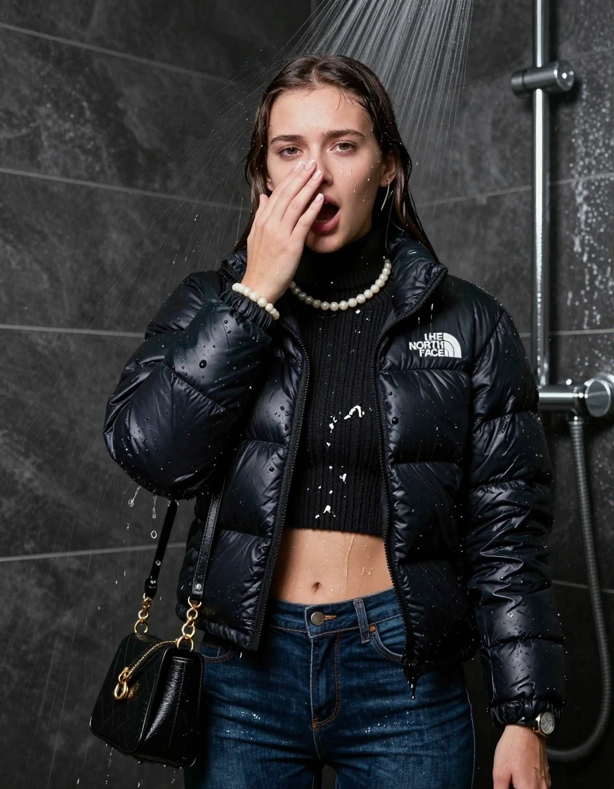 photo of young woman, in soaking wet, drenched clothes,
, skinny jeans, black nuptse north face puffer down jacket, knit turtleneck sweater belly free, handbag, pearl necklace, bracelet, wristwatch, Under the shower, strong jet of water, party shower, 
enjoying, wet clothes stuck to body,
detailed textures of the wet clothes, wet face, wet plastered hair,
wet, drenched, professional, high-quality details, full body view.
sharp focus, ultra-high pixel detail, realistic, high-quality, full colors, incredibly detailed, 4k, 8k, 16k, hyper-realistic, RAW photo, masterpiece, ultra-detailed, professionally color graded, professional photograph, sleek long straight hair

 15 years old  teenage girl

Only head and shoulders are over the surface visible. Looking at camera. Hold her hand on in front of her nose.  open mouth, closed eyes.

The girls wear different clothes.

she is completely underwater up to her neck, shocked and embarrassed expression. 

her clothing is soaking wet and clinging tightly to her skin, showing heavy wet folds, darkened fabric texture, and deep water-saturated Patches, her clothes are heavy from the water, water runs from her body and her clothes in streams. A lot of water also runs out of her clothes. Her clothes are darkened by the water. Her submerged clothes are good visible under the water.  she soaked her handbag into the water.

close up view, wet skin, wet clothes, wet hair, damp fabric, water runs down the clothes, wet skin, wet clothes, damp fabric. cinematic medium shot, hyper-realistic wetness, high-contrast water sheen, sharp focus, 8k resolution, professional photography, realistic water physics., wet skin, wet clothes, damp fabric, wet skin, wet clothes, damp fabric, wet skin, wet clothes, damp fabric