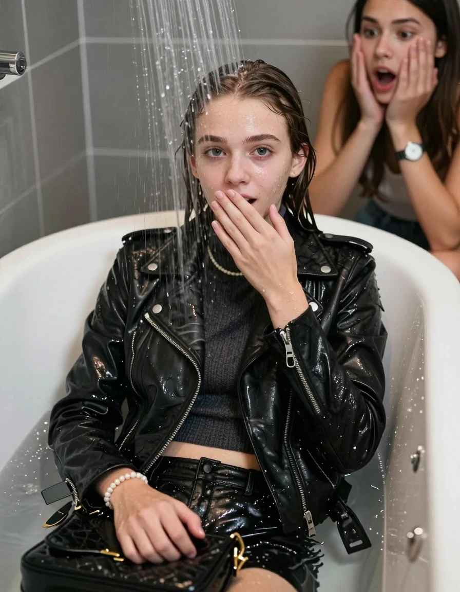 photo of young woman, in soaking wet, drenched clothes,
, , Black biker leatherjacket, knit turtleneck sweater belly free, handbag, pearl necklace, bracelet, wristwatch, 15-year-old teenage Girl relaxing directly under a heavy powerful stream of water in a bathtube of a modern bathroom, a shocked friend sits beside the tube and watching her, 
enjoying, wet clothes stuck to body,
detailed textures of the wet clothes, wet face, wet plastered hair,
wet, drenched, professional, high-quality details, full body view.
sharp focus, ultra-high pixel detail, realistic, high-quality, full colors, incredibly detailed, 4k, 8k, 16k, hyper-realistic, RAW photo, masterpiece, ultra-detailed, professionally color graded, professional photograph, Behind view: 15-year-old teenage girl.
wet plastered hair. Sleek long straight hair.

Only head and shoulders are over the surface visible. Looking at camera. The water splashes directly into her face. Hold her hand on her mouth.  open mouth, big eyes.

The girls wear different clothes.

she is completely underwater up to her neck, afraid and astonished expression. Slightly smile.

her clothing is soaking wet and clinging tightly to her skin, showing heavy wet folds, darkened fabric texture, and deep water-saturated Patches, her clothes are heavy from the water, water runs from her body and her clothes in streams. A lot of water also runs out of her clothes. Her clothes are darkened by the water. Her submerged clothes are good visible under the water.  she soaked her handbag into the water.

close up view, wet skin, wet clothes, wet hair, damp fabric, water runs down the clothes, wet skin, wet clothes, damp fabric. cinematic medium shot, hyper-realistic wetness, high-contrast water sheen, sharp focus, 16k resolution, professional photography, realistic water physics., wet skin, wet clothes, damp fabric, wet skin, wet clothes, damp fabric, wet skin, wet clothes, damp fabric, wet skin, wet clothes, damp fabric, wet skin, wet clothes, damp fabric, wet skin, wet clothes, damp fabric