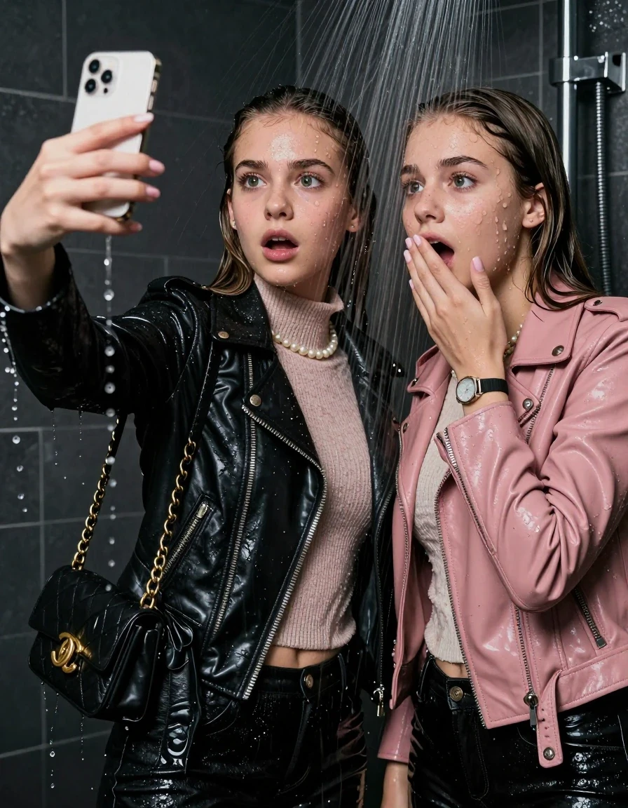 photo of young woman, in soaking wet, drenched clothes,
, , Black Biker leatherjacket and light pink leatherjacket, knit turtleneck sweater belly free, handbag, pearl necklace, bracelet, wristwatch, Under the shower, strong jet of water, party room, 
enjoying, wet clothes stuck to body,
detailed textures of the wet clothes, wet face, wet plastered hair,
wet, drenched, professional, high-quality details, full body view.
sharp focus, ultra-high pixel detail, realistic, high-quality, full colors, incredibly detailed, 4k, 8k, 16k, hyper-realistic, RAW photo, masterpiece, ultra-detailed, professionally color graded, professional photograph, sleek long straight hair and topknot

 two 15 years old  teenage girls

Only head and shoulders are over the surface visible. Open mouth, big eyes. Looking at camera. Hold her hand in front of her mouth. one girl take a selfie with her smartphone.

The girls wear different clothes.

she is completely underwater up to her neck, afraid and astonished expression. 

her clothing is soaking wet and clinging tightly to her skin, showing heavy wet folds, darkened fabric texture, and deep water-saturated Patches, her clothes are heavy from the water, water runs from her body and her clothes in streams. A lot of water also runs out of her clothes. Her clothes are darkened by the water. Her submerged clothes are good visible under the water.  she soaked her handbag into the water.

close up view, wet skin, wet clothes, wet hair, damp fabric, water runs down the clothes, wet skin, wet clothes, damp fabric. cinematic medium shot, hyper-realistic wetness, high-contrast water sheen, sharp focus, 16k resolution, professional photography, realistic water physics., wet skin, wet clothes, damp fabric, wet skin, wet clothes, damp fabric, wet skin, wet clothes, damp fabric, wet skin, wet clothes, damp fabric
