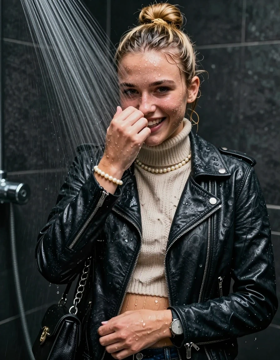 photo of young woman, in soaking wet, drenched clothes,
, , Biker leatherjacket, knit turtleneck sweater belly free, handbag, pearl necklace, bracelet, wristwatch, Under the shower, strong jet of water, party room, 
enjoying, wet clothes stuck to body,
detailed textures of the wet clothes, wet face, wet plastered hair,
wet, drenched, professional, high-quality details, full body view.
sharp focus, ultra-high pixel detail, realistic, high-quality, full colors, incredibly detailed, 4k, 8k, 16k, hyper-realistic, RAW photo, masterpiece, ultra-detailed, professionally color graded, professional photograph, Blonde topknot

 15 years old  teenage girl

Only head and shoulders are over the surface visible. Looking at camera. Hold her hand in front of her nose.

The girls wear different clothes.

she is completely underwater up to her neck, happy worried and embarrassed expression. 

her clothing is soaking wet and clinging tightly to her skin, showing heavy wet folds, darkened fabric texture, and deep water-saturated Patches, her clothes are heavy from the water, water runs from her body and her clothes in streams. A lot of water also runs out of her clothes. Her clothes are darkened by the water. Her submerged clothes are good visible under the water.  she soaked her handbag into the water.

close up view, wet skin, wet clothes, wet hair, damp fabric, water runs down the clothes, wet skin, wet clothes, damp fabric. cinematic medium shot, hyper-realistic wetness, high-contrast water sheen, sharp focus, 16k resolution, professional photography, realistic water physics., wet skin, wet clothes, damp fabric, wet skin, wet clothes, damp fabric, wet skin, wet clothes, damp fabric
