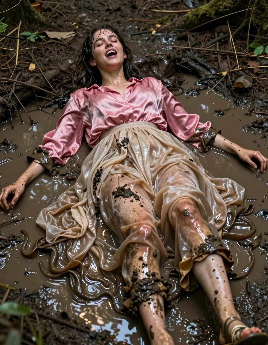 A hyper-realistic full-body shot of a young adult European woman in the midst of an intense, ecstatic orgasm, her face flushed with pleasure, eyes closed, mouth slightly open. She is lying sprawled in a shallow, murky puddle of urine and dark forest mud. She wears a vibrant pink satin long-sleeved oversized blouse and a voluminous, excessively long beige silk skirt layered with multiple petticoats. The fabric of the skirt is heavy, clinging to her skin and the ground, soaked through with dark, saturated patches of urine and mud, showing heavy, wet folds and a translucent, clinging texture. She is wearing simple sandals. Her skin and hair are matted and slicked with a mix of mud and liquid, reflecting the dappled light of the forest canopy. The scene is raw and visceral, capturing the wet, heavy weight of the soaked garments against the forest floor. Cinematic lighting highlights the glossy sheen on the wet fabric and skin, 8k resolution, highly detailed textures, photorealistic.