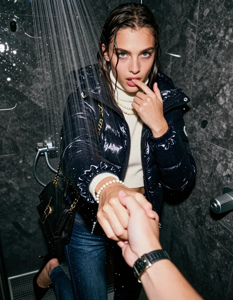 photo of young woman, in soaking wet, drenched clothes,
Heels, Tight Skinny jeans, Moncler shiny puffer down jacket , white knit turtleneck sweater belly free, handbag, pearl necklace, bracelet, wristwatch, Under the shower, strong jet of water, party room, 
enjoying, wet clothes stuck to body,
detailed textures of the wet clothes, wet face, wet plastered hair,
wet, drenched, professional, high-quality details, full body view.
sharp focus, ultra-high pixel detail, realistic, high-quality, full colors, incredibly detailed, 4k, 8k, 16k, hyper-realistic, RAW photo, masterpiece, ultra-detailed, professionally color graded, professional photograph, sleek long straight hair, wer plastered hair

 15-years-old teenage girl

 0ne hand with a finger at her tongue  inside her mouth, hold with the other the female viewer's hand, pulling them toward the center of the water. 

Only head and shoulders are over the surface visible. Looking at camera.

The girls wear different clothes.

she is completely underwater up to her neck, horny and sexuell aroused expression. 

her clothing is soaking wet and clinging tightly to her skin, showing heavy wet folds, darkened fabric texture, and deep water-saturated Patches, her clothes are heavy from the water, water runs from her body and her clothes in streams. A lot of water also runs out of her clothes. Her clothes are darkened by the water. Her submerged clothes are good visible under the water.  she soaked her handbag into the water.

close up view, wet skin, wet clothes, wet hair, damp fabric, water runs down the clothes, wet skin, wet clothes, damp fabric. cinematic medium shot, hyper-realistic wetness, high-contrast water sheen, sharp focus, 16k resolution, professional photography, realistic water physics., wet skin, wet clothes, damp fabric, wet skin, wet clothes, damp fabric, wet skin, wet clothes, damp fabric