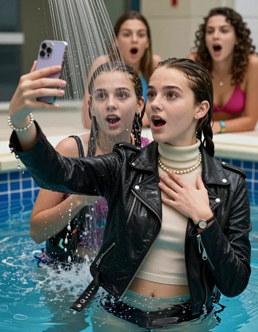 photo of young woman, in soaking wet, drenched clothes,
, , Biker leatherjacket, Tight knit turtleneck sweater belly free, handbag, pearl necklace, bracelet, wristwatch, Under the pool shower, strong jet of water, indoor swimming pool, pool party, her different clothed friends watching her shocked from the edge, 
enjoying, wet clothes stuck to body,
detailed textures of the wet clothes, wet face, wet plastered hair,
wet, drenched, professional, high-quality details, full body view.
sharp focus, ultra-high pixel detail, realistic, high-quality, full colors, incredibly detailed, 4k, 8k, 16k, hyper-realistic, RAW photo, masterpiece, ultra-detailed, professionally color graded, professional photograph, sleek long twisted ponytail

Two 15 years old  teenage girl

Only head and shoulders are over the surface visible. Open mouth, big eyes. Looking at camera. Hold her hand in front of her chest. take a selfie with her smartphone.

The girls wear different clothes.

she is completely underwater up to her neck, surprised and astonished expression. 

her submerged clothes are hardly vusible under water, she soaked her handbag into the water

close up view, wet skin, wet clothes, wet hair, damp fabric, water runs down the clothes, wet skin, wet clothes, damp fabric., wet skin, wet clothes, damp fabric, wet skin, wet clothes, damp fabric, wet skin, wet clothes, damp fabric, wet skin, wet clothes, damp fabric, wet skin, wet clothes, damp fabric, wet skin, wet clothes, damp fabric, wet skin, wet clothes, damp fabric, wet skin, wet clothes, damp fabric, wet skin, wet clothes, damp fabric