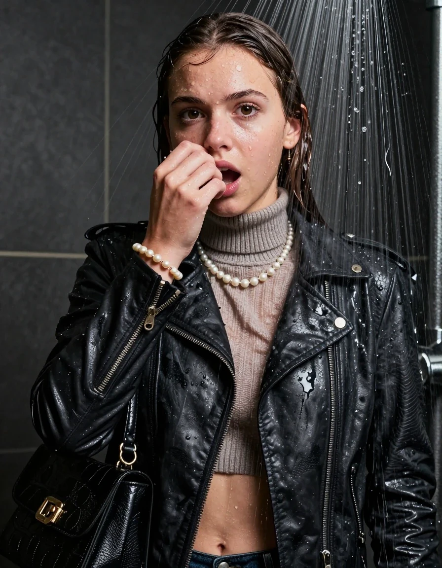 photo of young woman, in soaking wet, drenched clothes,
, , Biker leatherjacket, knit turtleneck sweater belly free, handbag, pearl necklace, bracelet, wristwatch, Under the shower, strong jet of water, party shower, 
enjoying, wet clothes stuck to body,
detailed textures of the wet clothes, wet face, wet plastered hair,
wet, drenched, professional, high-quality details, full body view.
sharp focus, ultra-high pixel detail, realistic, high-quality, full colors, incredibly detailed, 4k, 8k, 16k, hyper-realistic, RAW photo, masterpiece, ultra-detailed, professionally color graded, professional photograph, sleek long straight hair

 15 years old  teenage girl

Only head and shoulders are over the surface visible. Looking at camera. Hold her hand in front of her nose. open mouth.

The girls wear different clothes.

she is completely underwater up to her neck, shocked and embarrassed expression. 

her clothing is soaking wet and clinging tightly to her skin, showing heavy wet folds, darkened fabric texture, and deep water-saturated Patches, her clothes are heavy from the water, water runs from her body and her clothes in streams. A lot of water also runs out of her clothes. Her clothes are darkened by the water. Her submerged clothes are good visible under the water.  she soaked her handbag into the water.

close up view, wet skin, wet clothes, wet hair, damp fabric, water runs down the clothes, wet skin, wet clothes, damp fabric. cinematic medium shot, hyper-realistic wetness, high-contrast water sheen, sharp focus, 8k resolution, professional photography, realistic water physics., wet skin, wet clothes, damp fabric, wet skin, wet clothes, damp fabric, wet skin, wet clothes, damp fabric