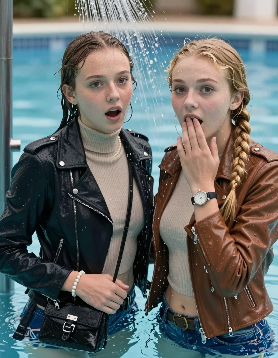 photo of young woman, in soaking wet, drenched clothes,
, , Biker leatherjacket, Tight knit turtleneck sweater belly free, handbag, pearl necklace, bracelet, wristwatch, Under the pool shower, strong jet of water, swimming pool, 
enjoying, wet clothes stuck to body,
detailed textures of the wet clothes, wet face, wet plastered hair,
wet, drenched, professional, high-quality details, full body view.
sharp focus, ultra-high pixel detail, realistic, high-quality, full colors, incredibly detailed, 4k, 8k, 16k, hyper-realistic, RAW photo, masterpiece, ultra-detailed, professionally color graded, professional photograph, blonde sleek long twisted ponytail

Two 15 years old  teenage girl

Only head and shoulders are over the surface visible. Open mouth, big eyes. Looking at camera. Hold her hand in front of her mouth.

The girls wear different clothes.

she is completely underwater up to her neck, surprised and astonished expression. 

her submerged clothes are hardly vusible under water, she soaked her handbag into the water

close up view, wet skin, wet clothes, wet hair, damp fabric, water runs down the clothes, wet skin, wet clothes, damp fabric., wet skin, wet clothes, damp fabric, wet skin, wet clothes, damp fabric, wet skin, wet clothes, damp fabric, wet skin, wet clothes, damp fabric, wet skin, wet clothes, damp fabric, wet skin, wet clothes, damp fabric, wet skin, wet clothes, damp fabric, wet skin, wet clothes, damp fabric, wet skin, wet clothes, damp fabric