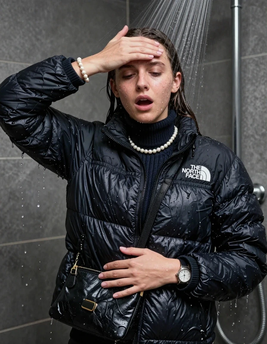 photo of young woman, in soaking wet, drenched clothes,
, , black nuptse north face puffer down jacket, knit turtleneck sweater belly free, handbag, pearl necklace, bracelet, wristwatch, Under the shower, strong jet of water, party shower, 
enjoying, wet clothes stuck to body,
detailed textures of the wet clothes, wet face, wet plastered hair,
wet, drenched, professional, high-quality details, full body view.
sharp focus, ultra-high pixel detail, realistic, high-quality, full colors, incredibly detailed, 4k, 8k, 16k, hyper-realistic, RAW photo, masterpiece, ultra-detailed, professionally color graded, professional photograph, sleek long straight hair

 15 years old  teenage girl

Only head and shoulders are over the surface visible. Looking at camera. Hold her hand in front of her forehead.  open mouth, closed eyes.

The girls wear different clothes.

she is completely underwater up to her neck, shocked and embarrassed expression. 

her clothing is soaking wet and clinging tightly to her skin, showing heavy wet folds, darkened fabric texture, and deep water-saturated Patches, her clothes are heavy from the water, water runs from her body and her clothes in streams. A lot of water also runs out of her clothes. Her clothes are darkened by the water. Her submerged clothes are good visible under the water.  she soaked her handbag into the water.

close up view, wet skin, wet clothes, wet hair, damp fabric, water runs down the clothes, wet skin, wet clothes, damp fabric. cinematic medium shot, hyper-realistic wetness, high-contrast water sheen, sharp focus, 8k resolution, professional photography, realistic water physics., wet skin, wet clothes, damp fabric, wet skin, wet clothes, damp fabric, wet skin, wet clothes, damp fabric