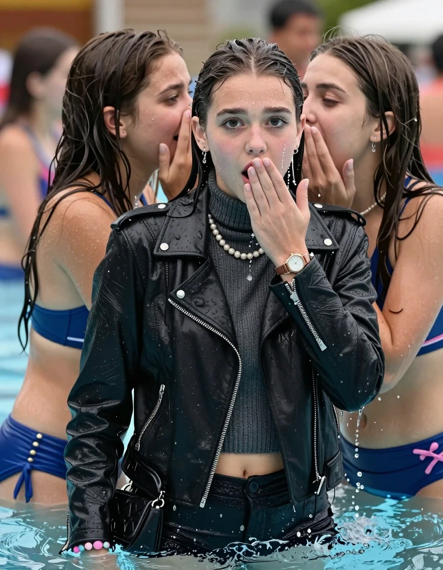 photo of young woman, in soaking wet, drenched clothes,
, , Black biker leatherjacket, knit turtleneck sweater belly free, handbag, pearl necklace, bracelet, wristwatch, Two 15 years old teenage girls submerged in a crowded pool of a waterpark at a pool party. , 
enjoying, wet clothes stuck to body,
detailed textures of the wet clothes, wet face, wet plastered hair,
wet, drenched, professional, high-quality details, full body view.
sharp focus, ultra-high pixel detail, realistic, high-quality, full colors, incredibly detailed, 4k, 8k, 16k, hyper-realistic, RAW photo, masterpiece, ultra-detailed, professionally color graded, professional photograph, Behind view: two 15-year-old teenage girl.
wet plastered hair. Sleek long straight hair.

Only head and shoulders are over the surface visible. Looking at camera. The water splashes directly into her face. Hold her hand on her mouth.  open mouth, big eyes. One whispers a Secret in her friends ear.

The girls wear different clothes.

she is completely underwater up to her neck, afraid and astonished expression. Slightly smile.

her clothing is soaking wet and clinging tightly to her skin, showing heavy wet folds, darkened fabric texture, and deep water-saturated Patches, her clothes are heavy from the water, water runs from her body and her clothes in streams. A lot of water also runs out of her clothes. Her clothes are darkened by the water. Her submerged clothes are good visible under the water.  she soaked her handbag into the water.

close up view, wet skin, wet clothes, wet hair, damp fabric, water runs down the clothes, wet skin, wet clothes, damp fabric. cinematic medium shot, hyper-realistic wetness, high-contrast water sheen, sharp focus, 16k resolution, professional photography, realistic water physics., wet skin, wet clothes, damp fabric, wet skin, wet clothes, damp fabric, wet skin, wet clothes, damp fabric, wet skin, wet clothes, damp fabric, wet skin, wet clothes, damp fabric, wet skin, wet clothes, damp fabric