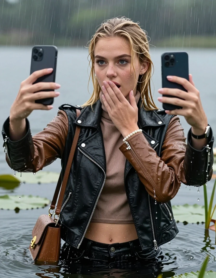 photo of young woman, in soaking wet, drenched clothes,
, , Black Biker leatherjacket and light brown leatherjacket, tight knit turtleneck sweater belly free, handbag, pearl necklace, bracelet, wristwatch, Emerging after diving in a lake with water lilies and reeds, heavy rain falls directely on her heads, 
enjoying, wet clothes stuck to body,
detailed textures of the wet clothes, wet face, wet plastered hair,
wet, drenched, professional, high-quality details, full body view.
sharp focus, ultra-high pixel detail, realistic, high-quality, full colors, incredibly detailed, 4k, 8k, 16k, hyper-realistic, RAW photo, masterpiece, ultra-detailed, professionally color graded, professional photograph, blonde sleek long straight hair and sleek bun

15 years old  teenage girls

Only head and shoulders are over the surface visible. Open mouth, big eyes. Looking at camera. one Hold her hands onver her mouth. one hold one hand on her mouth and take with the other hand a selfie with her smartphone.

The girls wear different clothes.

she is completely underwater up to her neck, horny and astonished expression. 

her clothing is soaking wet and clinging tightly to her skin, showing heavy wet folds, darkened fabric texture, and deep water-saturated Patches, her clothes are heavy from the water, water runs from her body and her clothes in streams. A lot of water also runs out of her clothes. Her clothes are darkened by the water. Her submerged clothes are good visible under the water.  she soaked her handbag into the water.

close up view, wet skin, wet clothes, wet hair, damp fabric, water runs down the clothes, wet skin, wet clothes, damp fabric. cinematic medium shot, hyper-realistic wetness, high-contrast water sheen, sharp focus, 16k resolution, professional photography, realistic water physics., wet skin, wet clothes, damp fabric, wet skin, wet clothes, damp fabric, wet skin, wet clothes, damp fabric