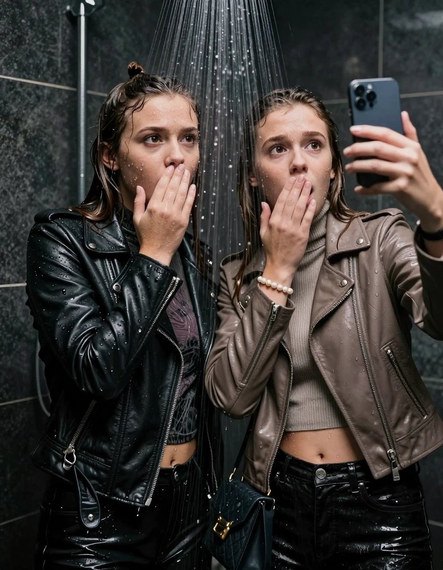 photo of young woman, in soaking wet, drenched clothes,
, , Black Biker leatherjacket and light brown leatherjacket, tight knit turtleneck sweater belly free, handbag, pearl necklace, bracelet, wristwatch, Under the shower, strong jet of water, party room, 
enjoying, wet clothes stuck to body,
detailed textures of the wet clothes, wet face, wet plastered hair,
wet, drenched, professional, high-quality details, full body view.
sharp focus, ultra-high pixel detail, realistic, high-quality, full colors, incredibly detailed, 4k, 8k, 16k, hyper-realistic, RAW photo, masterpiece, ultra-detailed, professionally color graded, professional photograph, sleek long straight hair and topknot

 two 15 years old  teenage girls

Only head and shoulders are over the surface visible. Open mouth, big eyes. Looking at camera. one Hold her hand in front of her nose. one hold one hand on her mouth and take with the other hand a selfie with her smartphone.

The girls wear different clothes.

she is completely underwater up to her neck, frightened and astonished expression. 

her clothing is soaking wet and clinging tightly to her skin, showing heavy wet folds, darkened fabric texture, and deep water-saturated Patches, her clothes are heavy from the water, water runs from her body and her clothes in streams. A lot of water also runs out of her clothes. Her clothes are darkened by the water. Her submerged clothes are good visible under the water.  she soaked her handbag into the water.

close up view, wet skin, wet clothes, wet hair, damp fabric, water runs down the clothes, wet skin, wet clothes, damp fabric. cinematic medium shot, hyper-realistic wetness, high-contrast water sheen, sharp focus, 16k resolution, professional photography, realistic water physics., wet skin, wet clothes, damp fabric, wet skin, wet clothes, damp fabric, wet skin, wet clothes, damp fabric