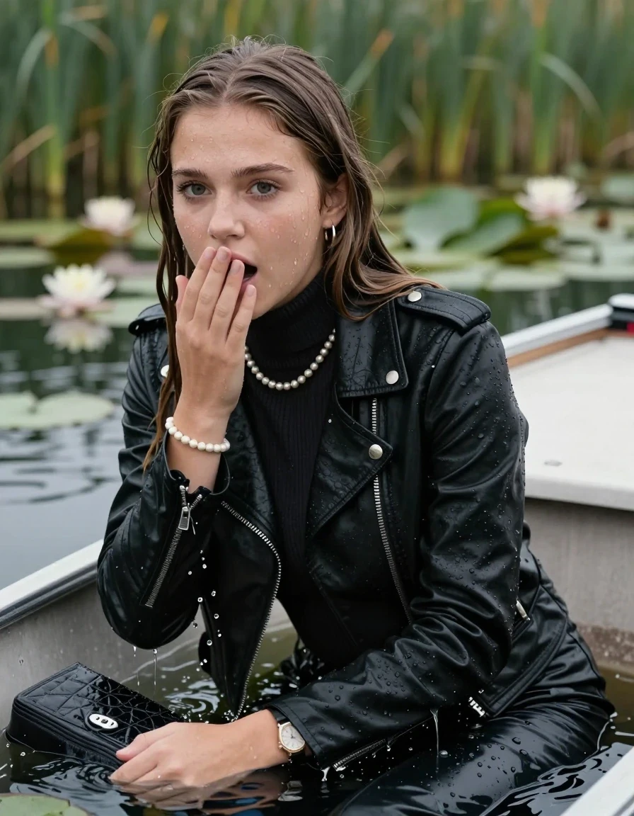 photo of young woman, in soaking wet, drenched clothes,
, , Black Biker leatherjacket, tight knit turtleneck sweater belly free, shoulderbag, pearl necklace, bracelet, wristwatch, sink in a lake with water lilies and reeds, 
enjoying, wet clothes stuck to body,
detailed textures of the wet clothes, wet face, wet plastered hair,
wet, drenched, professional, high-quality details, full body view.
sharp focus, ultra-high pixel detail, realistic, high-quality, full colors, incredibly detailed, 4k, 8k, 16k, hyper-realistic, RAW photo, masterpiece, ultra-detailed, professionally color graded, professional photograph, sleek long straight hair

15 years old  teenage girls

Only head and shoulders are over the surface visible. Open mouth, big eyes. hold a hand on her mouth. leaning forward, lay her breast on the surface and tries to swim to the boat.

The girls wear different clothes.

she is completely underwater up to her neck, afraid and astonished expression. 

her clothing is soaking wet and clinging tightly to her skin, showing heavy wet folds, darkened fabric texture, and deep water-saturated Patches, her clothes are heavy from the water, water runs from her body and her clothes in streams. A lot of water also runs out of her clothes. Her clothes are darkened by the water. Her submerged clothes are good visible under the water.  she soaked her handbag into the water.

close up view, zoom in, wet skin, wet clothes, wet hair, damp fabric, water runs down the clothes, wet skin, wet clothes, damp fabric. cinematic medium shot, hyper-realistic wetness, high-contrast water sheen, sharp focus, 16k resolution, professional photography, realistic water physics., wet skin, wet clothes, damp fabric, wet skin, wet clothes, damp fabric, wet skin, wet clothes, damp fabric