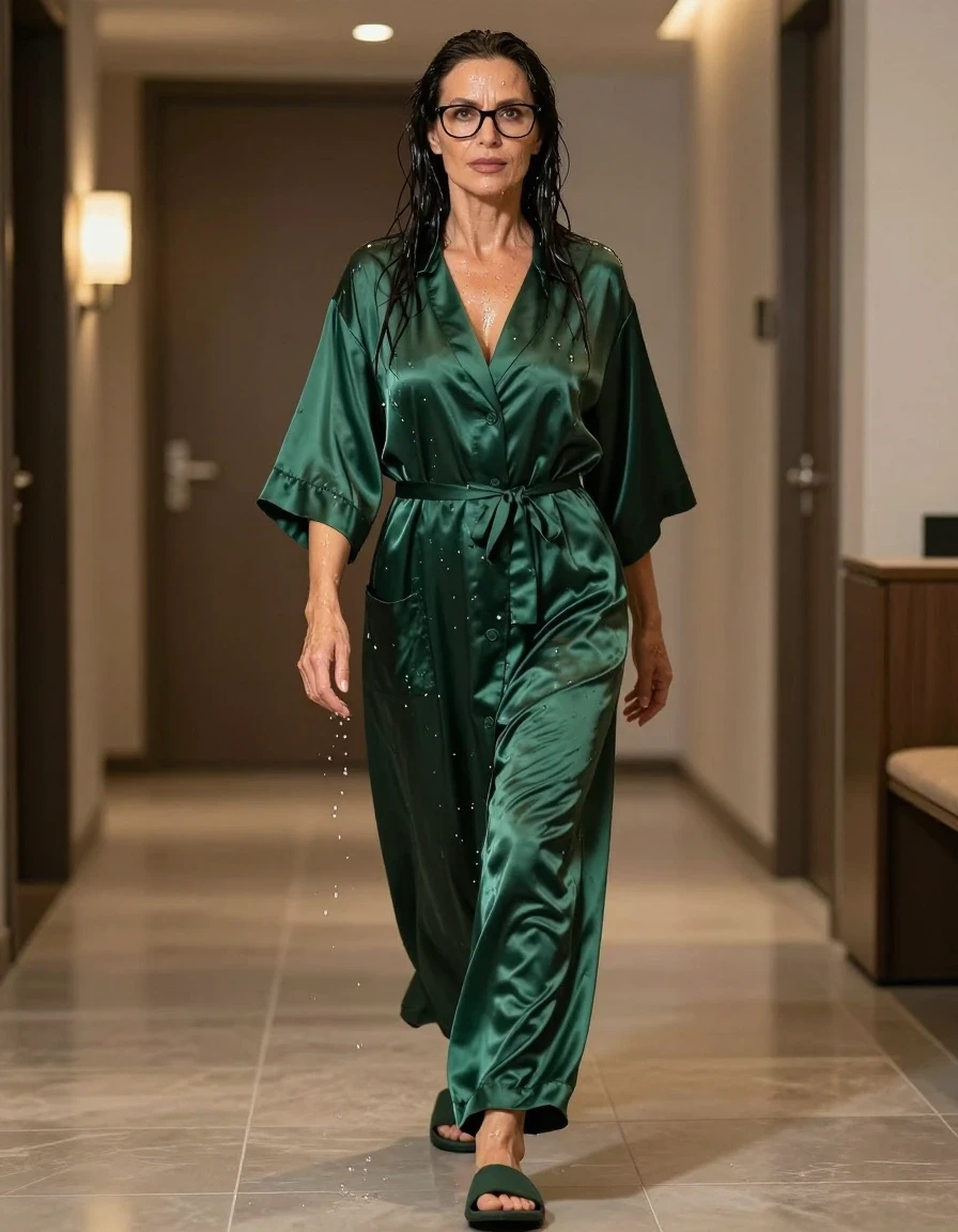 photo of young woman, in soaking wet, drenched clothes,
slippers, maxi long dark green satin flared housecoat, maxi long dark green satin flared housecoat, walking in hotel, enjoying wet clothes stuck body, enjoying, wet clothes stuck to body, 
enjoying, wet clothes stuck to body,
detailed textures of the wet clothes, wet face, wet plastered hair,
wet, drenched, professional, high-quality details, full body view.
sharp focus, ultra-high pixel detail, realistic, high-quality, full colors, incredibly detailed, 4k, 8k, 16k, hyper-realistic, RAW photo, masterpiece, ultra-detailed, professionally color graded, professional photograph, europen brunette skinny woman 50 years old, long dark black hair, very big and thick lips,  office glasses, complete body, wet skin, wet clothes, damp fabric, wet skin, wet clothes, damp fabric, wet skin, wet clothes, damp fabric, wet skin, wet clothes, damp fabric, wet skin, wet clothes, damp fabric, wet skin, wet clothes, damp fabric, wet skin, wet clothes, damp fabric