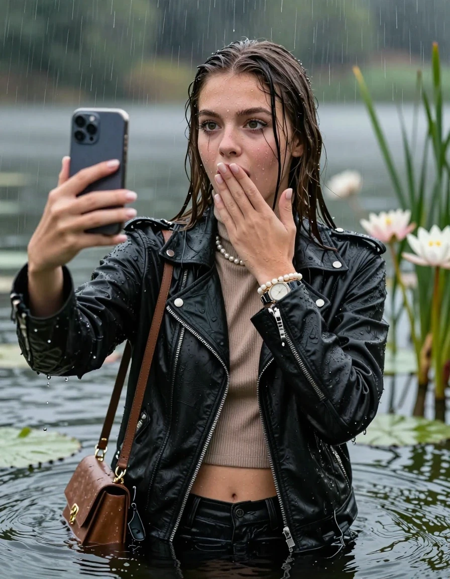 photo of young woman, in soaking wet, drenched clothes,
, , Black Biker leatherjacket and light brown leatherjacket, tight knit turtleneck sweater belly free, handbag, pearl necklace, bracelet, wristwatch, Emerging after diving in a lake with water lilies and reeds, heavy rain falls directely on her heads, 
enjoying, wet clothes stuck to body,
detailed textures of the wet clothes, wet face, wet plastered hair,
wet, drenched, professional, high-quality details, full body view.
sharp focus, ultra-high pixel detail, realistic, high-quality, full colors, incredibly detailed, 4k, 8k, 16k, hyper-realistic, RAW photo, masterpiece, ultra-detailed, professionally color graded, professional photograph, sleek long straight hair

15 years old  teenage girls

Only head and shoulders are over the surface visible. Open mouth, big eyes. Looking at camera. hold one hand on her mouth and take with the other hand a selfie with her smartphone. Eyeliner is running down the cheeks.

The girls wear different clothes.

she is completely underwater up to her neck, horny and astonished expression. 

her clothing is soaking wet and clinging tightly to her skin, showing heavy wet folds, darkened fabric texture, and deep water-saturated Patches, her clothes are heavy from the water, water runs from her body and her clothes in streams. A lot of water also runs out of her clothes. Her clothes are darkened by the water. Her submerged clothes are good visible under the water.  she soaked her handbag into the water.

close up view, wet skin, wet clothes, wet hair, damp fabric, water runs down the clothes, wet skin, wet clothes, damp fabric. cinematic medium shot, hyper-realistic wetness, high-contrast water sheen, sharp focus, 16k resolution, professional photography, realistic water physics., wet skin, wet clothes, damp fabric, wet skin, wet clothes, damp fabric, wet skin, wet clothes, damp fabric