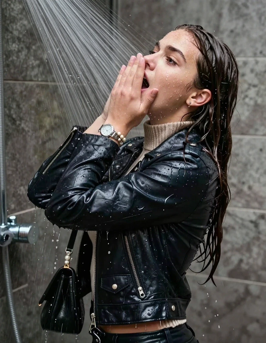 photo of young woman, in soaking wet, drenched clothes,
, , biker leatherjacket, knit turtleneck sweater belly free, handbag, pearl necklace, bracelet, wristwatch, Back view: Under the shower, strong jet of water, party shower, 
enjoying, wet clothes stuck to body,
detailed textures of the wet clothes, wet face, wet plastered hair,
wet, drenched, professional, high-quality details, full body view.
sharp focus, ultra-high pixel detail, realistic, high-quality, full colors, incredibly detailed, 4k, 8k, 16k, hyper-realistic, RAW photo, masterpiece, ultra-detailed, professionally color graded, professional photograph, sleek long straight hair

 15 years old  teenage girl

Only head and shoulders are over the surface visible. Looking back. The water splashes directly into her face. Hold her hands over her face.  open mouth, big eyes.

The girls wear different clothes.

she is completely underwater up to her neck, shocked and embarrassed expression. 

her clothing is soaking wet and clinging tightly to her skin, showing heavy wet folds, darkened fabric texture, and deep water-saturated Patches, her clothes are heavy from the water, water runs from her body and her clothes in streams. A lot of water also runs out of her clothes. Her clothes are darkened by the water. Her submerged clothes are good visible under the water.  she soaked her handbag into the water.

close up view, wet skin, wet clothes, wet hair, damp fabric, water runs down the clothes, wet skin, wet clothes, damp fabric. cinematic medium shot, hyper-realistic wetness, high-contrast water sheen, sharp focus, 16k resolution, professional photography, realistic water physics., wet skin, wet clothes, damp fabric, wet skin, wet clothes, damp fabric, wet skin, wet clothes, damp fabric