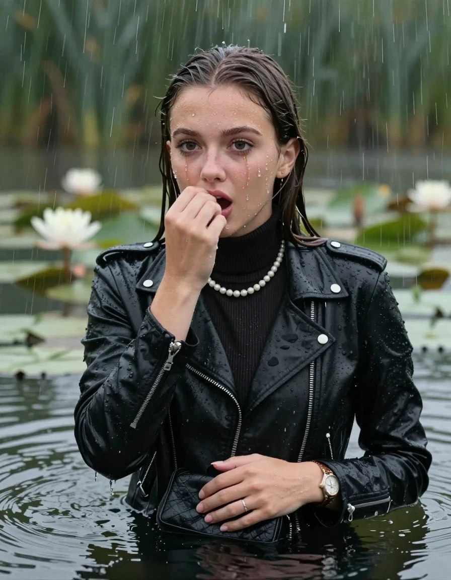 photo of young woman, in soaking wet, drenched clothes,
, , Black Biker leatherjacket, tight knit turtleneck sweater belly free, handbag, pearl necklace, bracelet, wristwatch, drowning in a lake with water lilies and reeds, heavy rain falls directely on her heads, 
enjoying, wet clothes stuck to body,
detailed textures of the wet clothes, wet face, wet plastered hair,
wet, drenched, professional, high-quality details, full body view.
sharp focus, ultra-high pixel detail, realistic, high-quality, full colors, incredibly detailed, 4k, 8k, 16k, hyper-realistic, RAW photo, masterpiece, ultra-detailed, professionally color graded, professional photograph, sleek long straight hair

15 years old  teenage girls

Only head and shoulders are over the surface visible. Open mouth, big eyes. Eyeliner is running down the cheeks. hold her hand in front of her nose.

The girls wear different clothes.

she is completely underwater up to her neck, horny and astonished expression. 

her clothing is soaking wet and clinging tightly to her skin, showing heavy wet folds, darkened fabric texture, and deep water-saturated Patches, her clothes are heavy from the water, water runs from her body and her clothes in streams. A lot of water also runs out of her clothes. Her clothes are darkened by the water. Her submerged clothes are good visible under the water.  she soaked her handbag into the water.

close up view, wet skin, wet clothes, wet hair, damp fabric, water runs down the clothes, wet skin, wet clothes, damp fabric. cinematic medium shot, hyper-realistic wetness, high-contrast water sheen, sharp focus, 16k resolution, professional photography, realistic water physics., wet skin, wet clothes, damp fabric, wet skin, wet clothes, damp fabric, wet skin, wet clothes, damp fabric