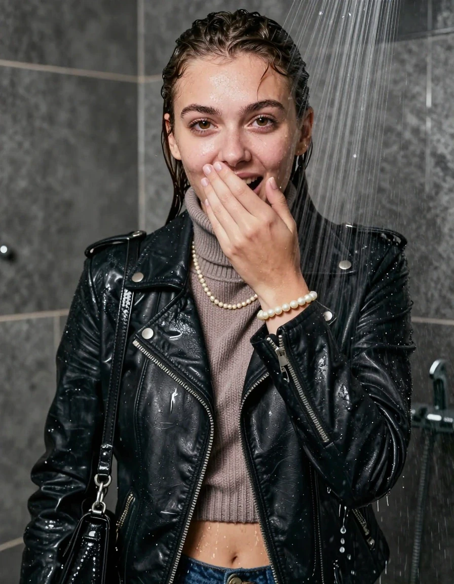 photo of young woman, in soaking wet, drenched clothes,
, , Biker leatherjacket, knit turtleneck sweater belly free, handbag, pearl necklace, bracelet, wristwatch, Under the shower, strong jet of water, party room, 
enjoying, wet clothes stuck to body,
detailed textures of the wet clothes, wet face, wet plastered hair,
wet, drenched, professional, high-quality details, full body view.
sharp focus, ultra-high pixel detail, realistic, high-quality, full colors, incredibly detailed, 4k, 8k, 16k, hyper-realistic, RAW photo, masterpiece, ultra-detailed, professionally color graded, professional photograph, topknot

 15 years old  teenage girl

Only head and shoulders are over the surface visible. Looking at camera. Hold her hand on her mouth.

The girls wear different clothes.

she is completely underwater up to her neck, afraid and astonished expression but she giggles anyway. 

her clothing is soaking wet and clinging tightly to her skin, showing heavy wet folds, darkened fabric texture, and deep water-saturated Patches, her clothes are heavy from the water, water runs from her body and her clothes in streams. A lot of water also runs out of her clothes. Her clothes are darkened by the water. Her submerged clothes are good visible under the water.  she soaked her handbag into the water.

close up view, wet skin, wet clothes, wet hair, damp fabric, water runs down the clothes, wet skin, wet clothes, damp fabric. cinematic medium shot, hyper-realistic wetness, high-contrast water sheen, sharp focus, 8k resolution, professional photography, realistic water physics., wet skin, wet clothes, damp fabric, wet skin, wet clothes, damp fabric