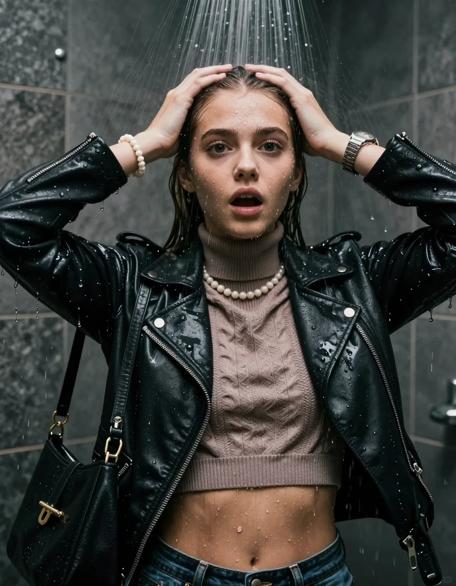 photo of young woman, in soaking wet, drenched clothes,
, , Biker leatherjacket, knit turtleneck sweater belly free, handbag, pearl necklace, bracelet, wristwatch, Under the shower, strong jet of water, party room, 
enjoying, wet clothes stuck to body,
detailed textures of the wet clothes, wet face, wet plastered hair,
wet, drenched, professional, high-quality details, full body view.
sharp focus, ultra-high pixel detail, realistic, high-quality, full colors, incredibly detailed, 4k, 8k, 16k, hyper-realistic, RAW photo, masterpiece, ultra-detailed, professionally color graded, professional photograph, sleek long straight hair

 15 years old  teenage girl

Only head and shoulders are over the surface visible. Open mouth, big eyes. Looking at camera. Hold her hands on her forehead.

The girls wear different clothes.

she is completely underwater up to her neck, surprised and astonished expression. 

her clothing is soaking wet and clinging tightly to her skin, showing heavy wet folds, darkened fabric texture, and deep water-saturated Patches, her clothes are heavy from the water, water runs from her body and her clothes in streams. A lot of water also runs out of her clothes. Her clothes are darkened by the water. Her submerged clothes are good visible under the water.  she soaked her handbag into the water.

close up view, wet skin, wet clothes, wet hair, damp fabric, water runs down the clothes, wet skin, wet clothes, damp fabric. cinematic medium shot, hyper-realistic wetness, high-contrast water sheen, sharp focus, 16k resolution, professional photography, realistic water physics., wet skin, wet clothes, damp fabric, wet skin, wet clothes, damp fabric, wet skin, wet clothes, damp fabric